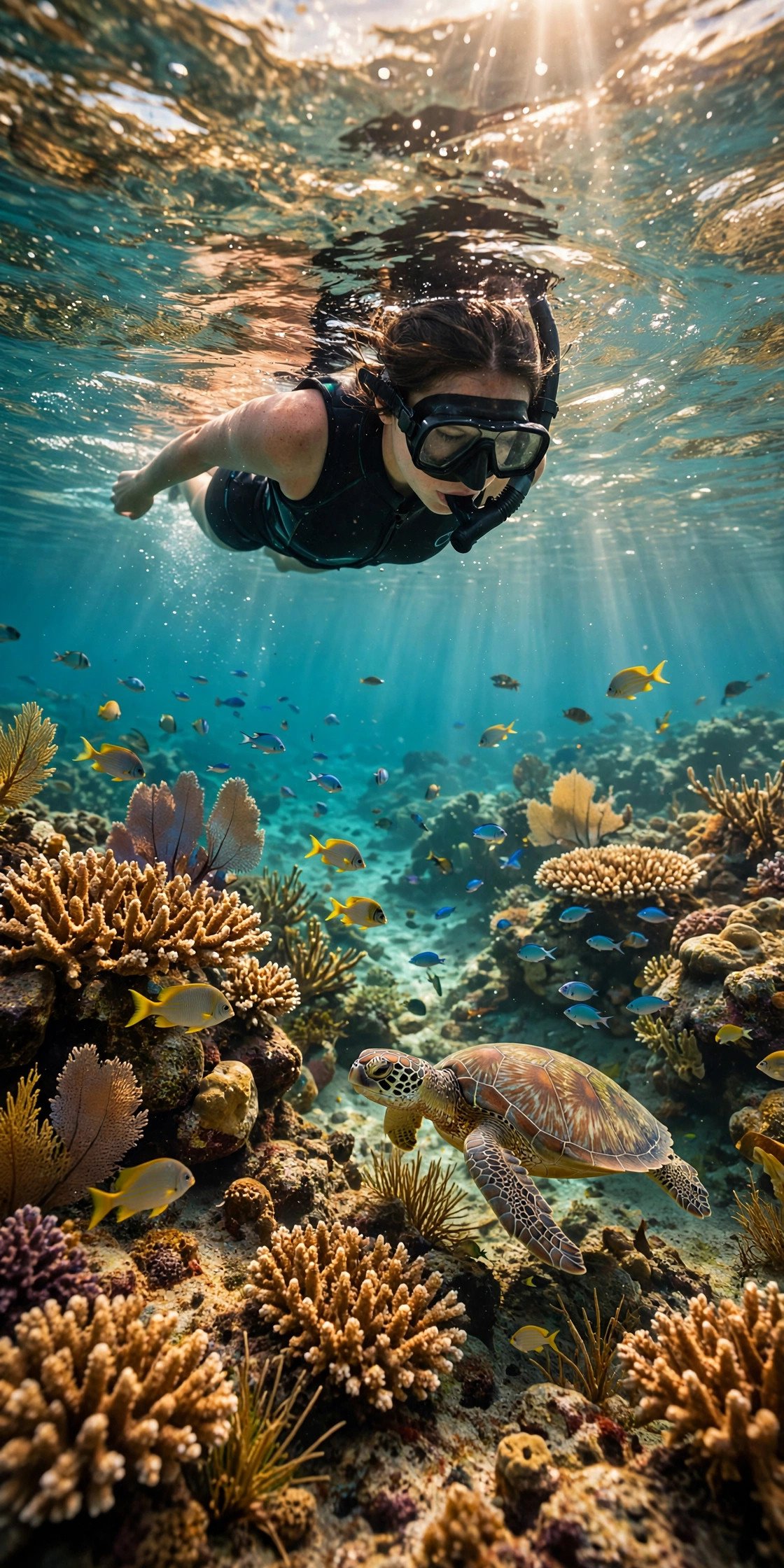 Snorkeler over a coral reef with tropical fish and a sea turtle in the Mexican Caribbean