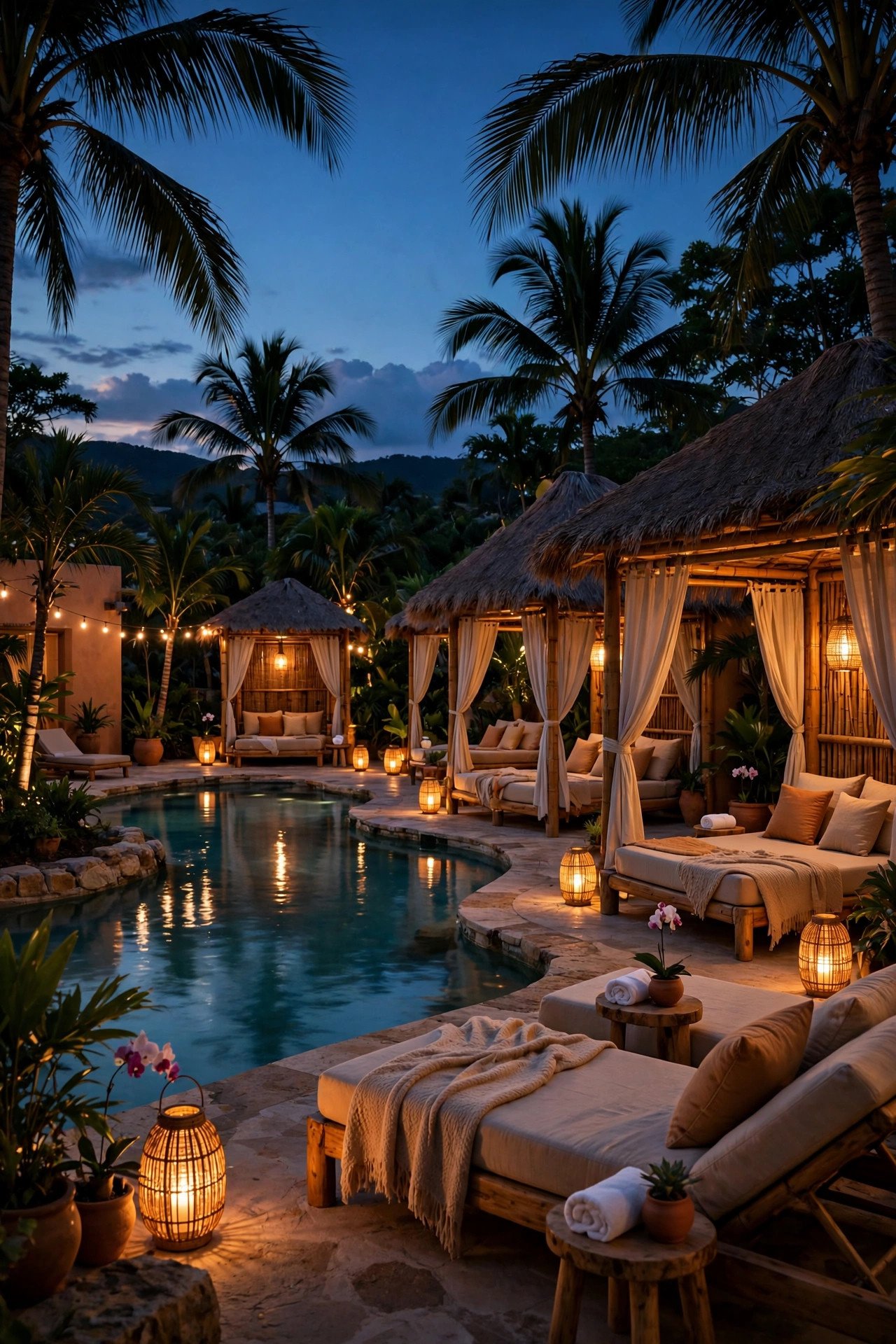Adults-only resort pool in Mexico at dusk with palm trees and cabanas for couples