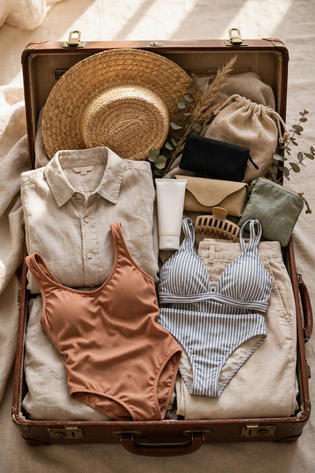 Suitcase packed with swimsuits, reef-safe sunscreen, a hat and light evening clothes for Mexico