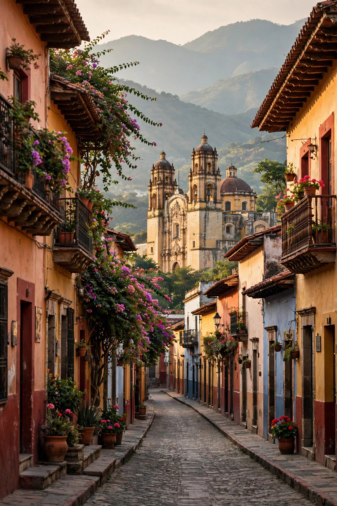 Colourful colonial streets and a cathedral in Oaxaca, Mexico, with mountains behind