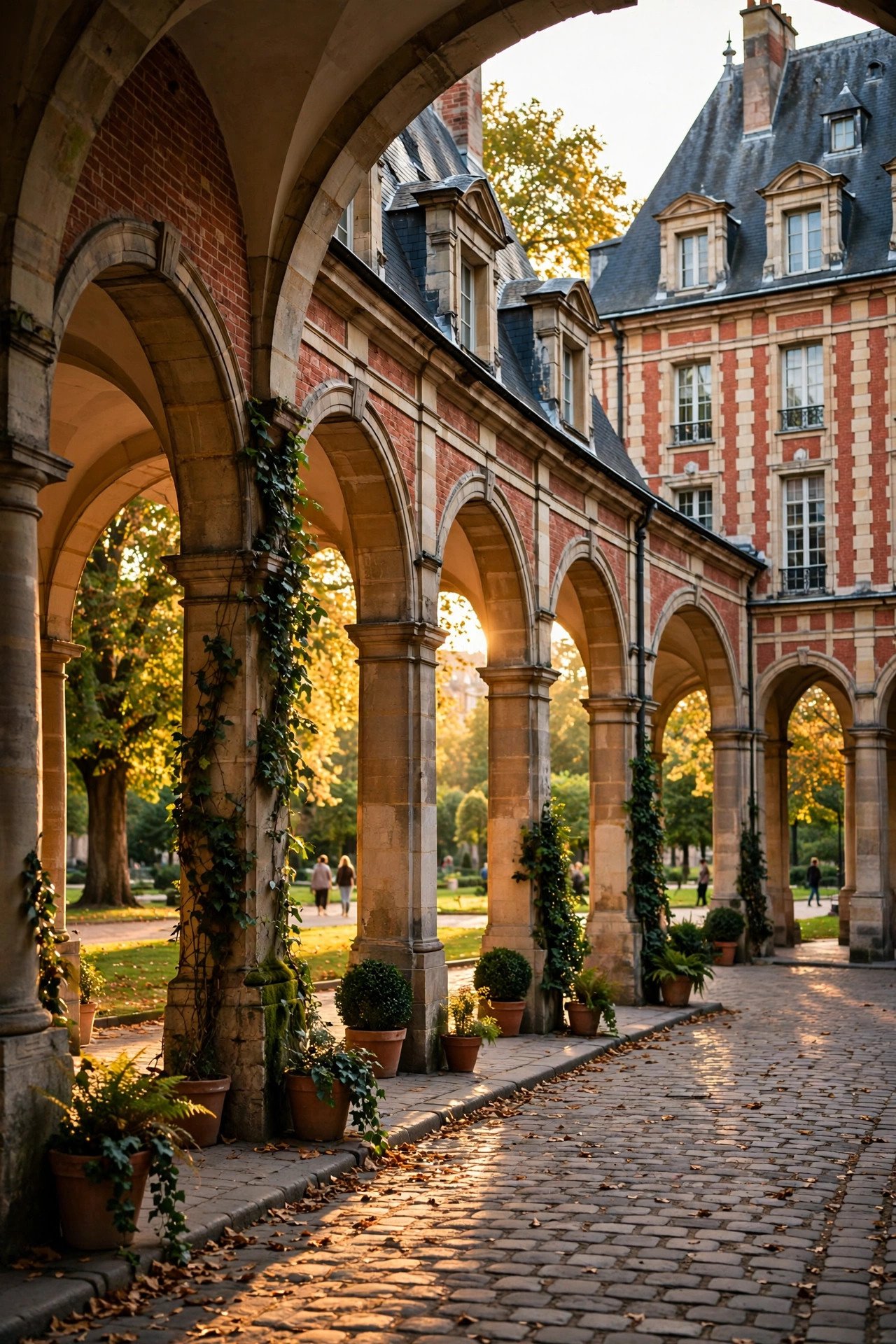 Historic mansions and arcades of Place des Vosges in the Marais district of Paris