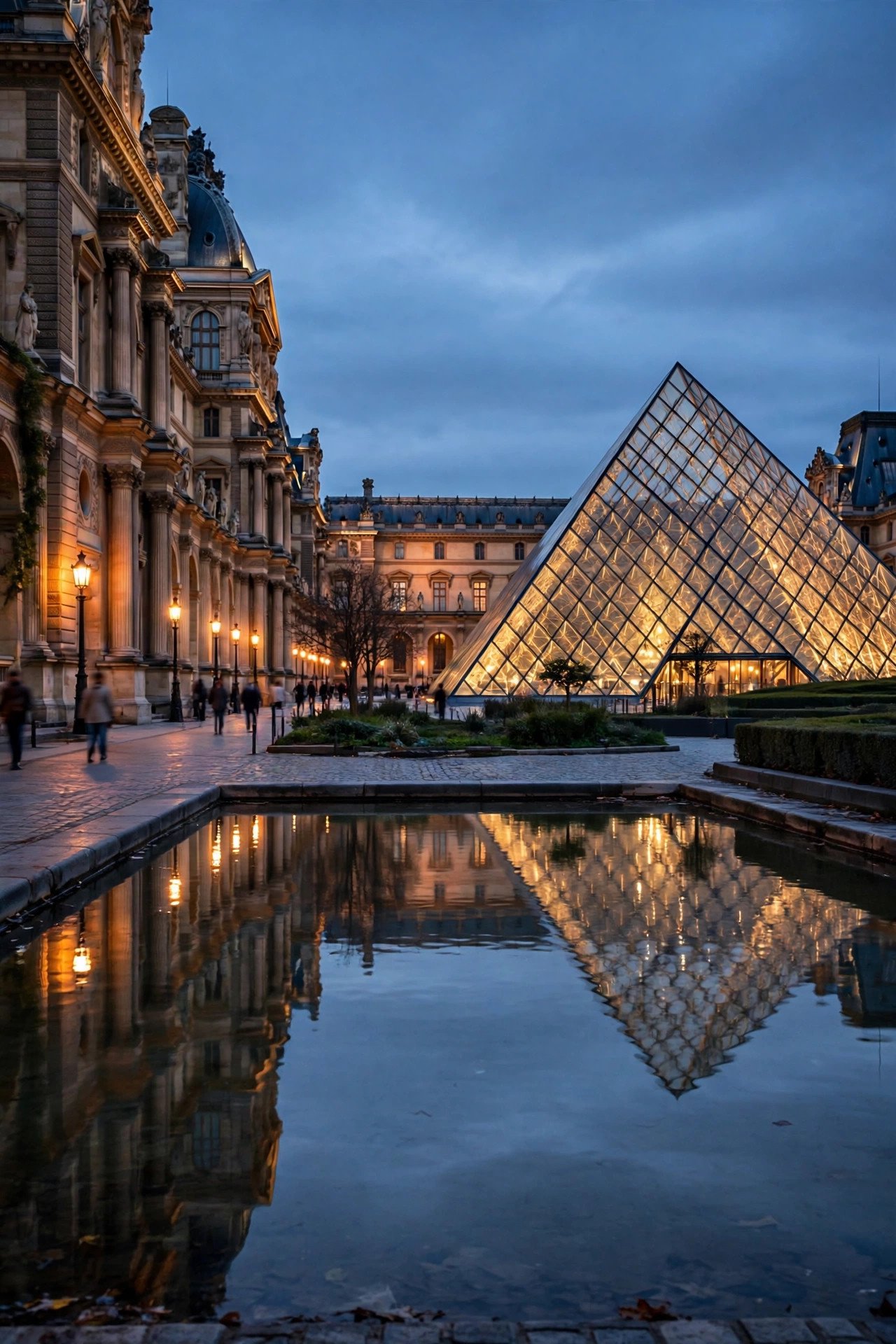 Glass pyramid of the Louvre museum in Paris at blue hour with the courtyard reflections