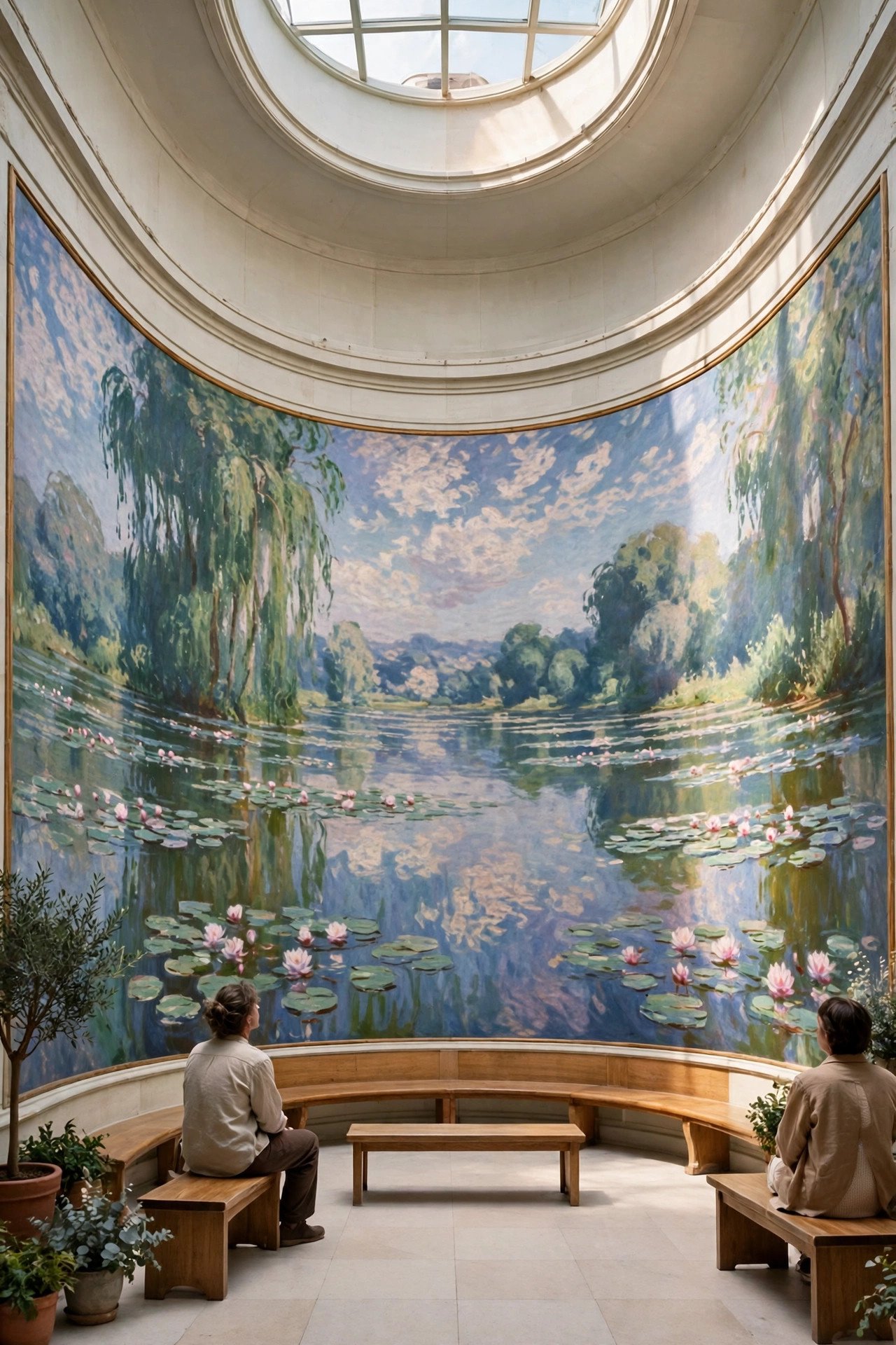 Monet's vast Water Lilies panels curving around the oval rooms of the Musee de l'Orangerie in Paris