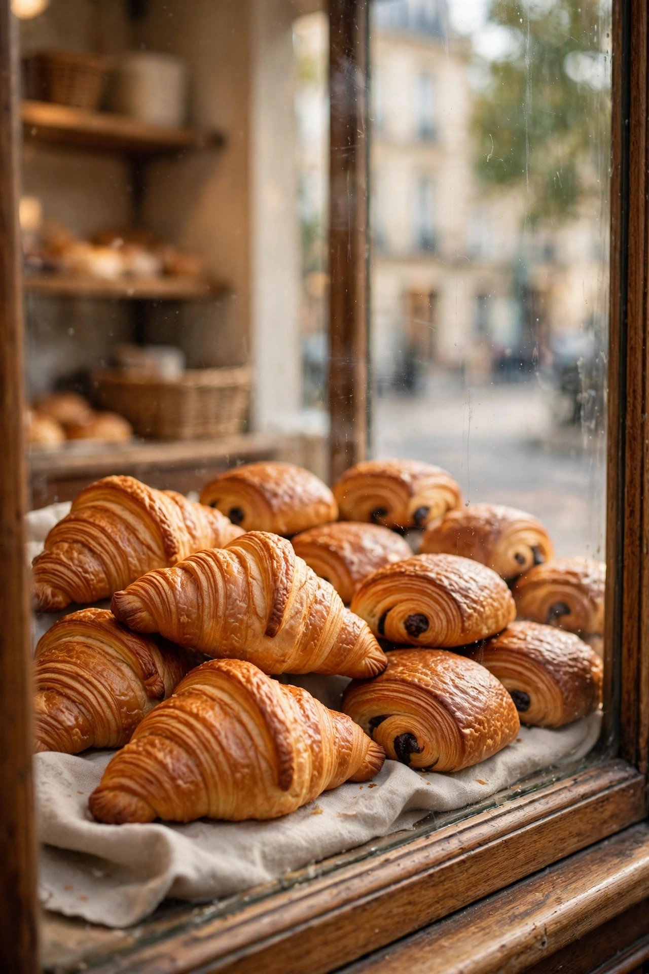 Fresh croissants and pain au chocolat in a Parisian boulangerie window with morning light