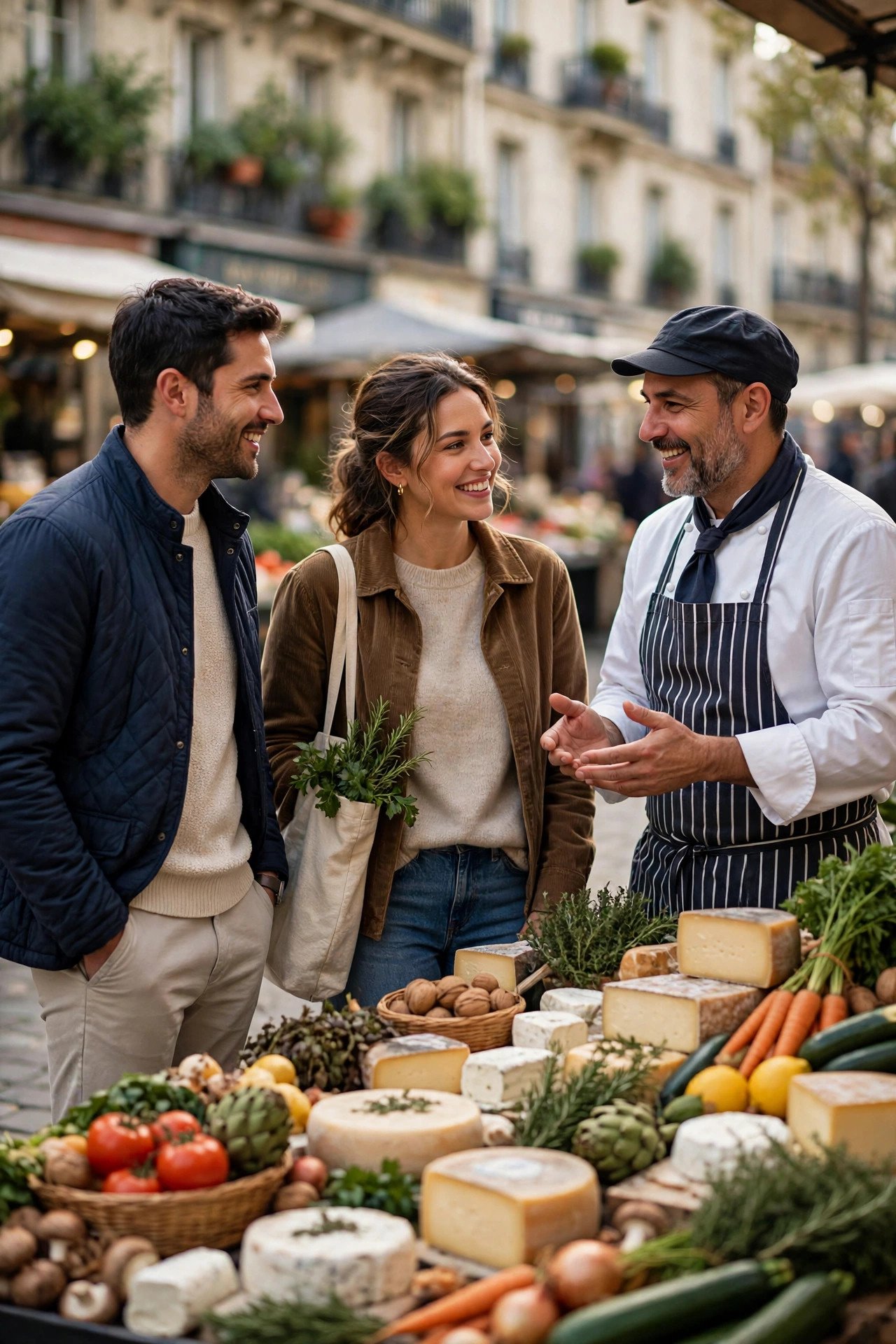 Couple shopping for cheese and produce at a Parisian street market with their chef-guide