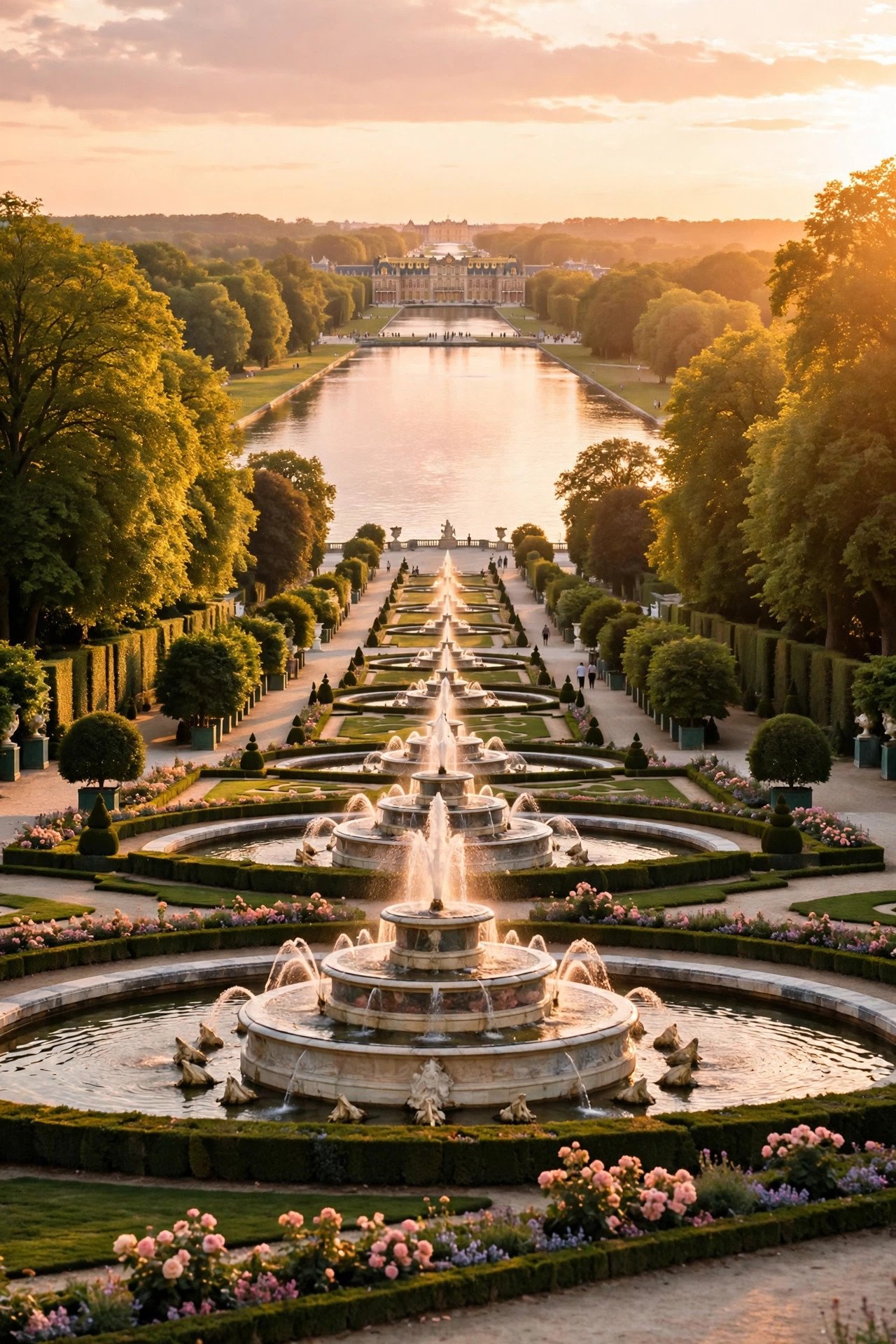 Gardens and fountains of the Palace of Versailles stretching to the Grand Canal at golden hour