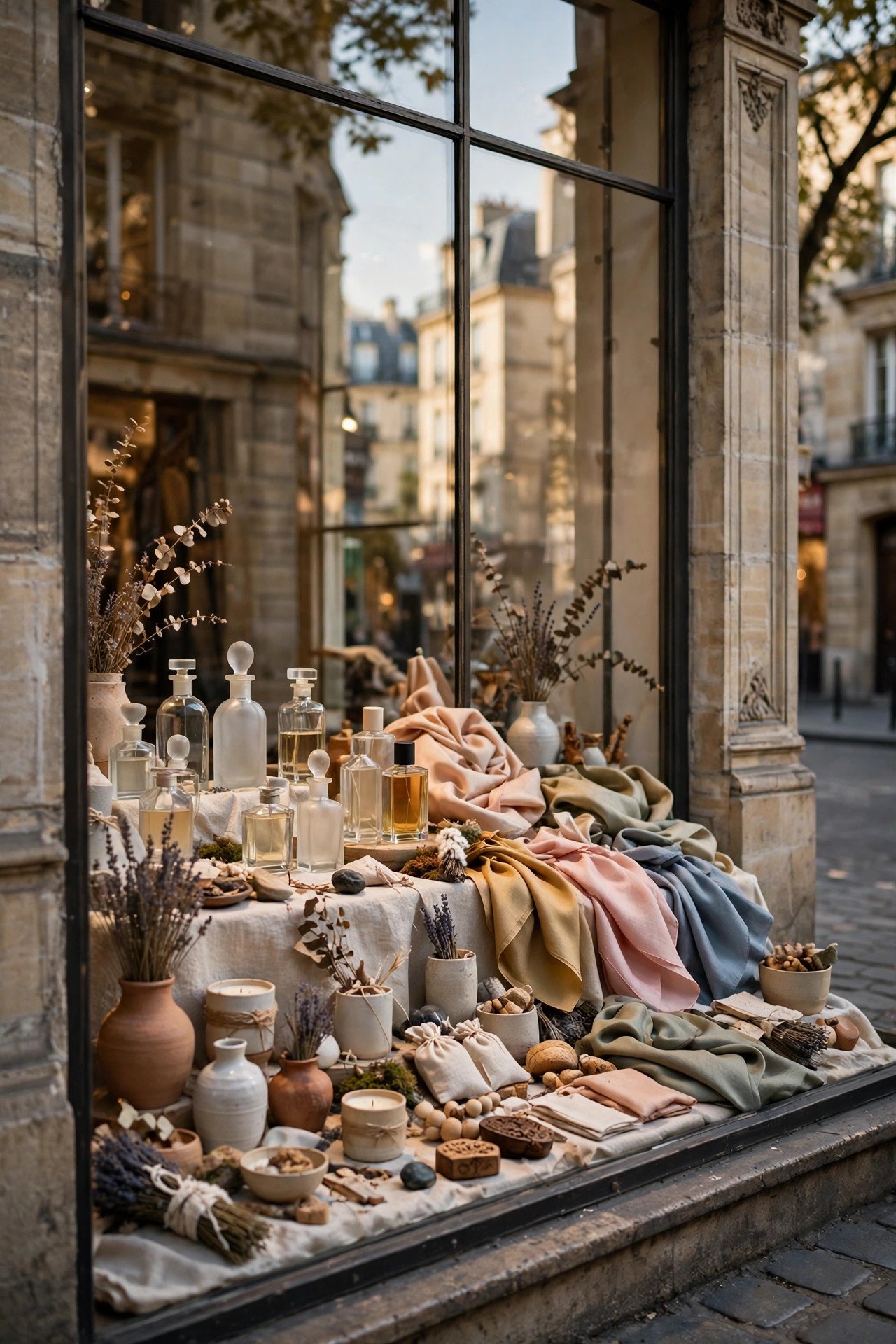 Elegant Parisian boutique windows with perfume, scarves and artisan goods in the Marais