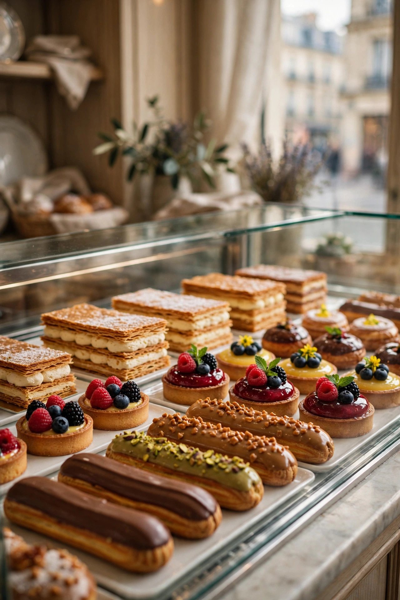 Display of exquisite French pastries including eclairs, tartelettes and millefeuille in a Paris patisserie