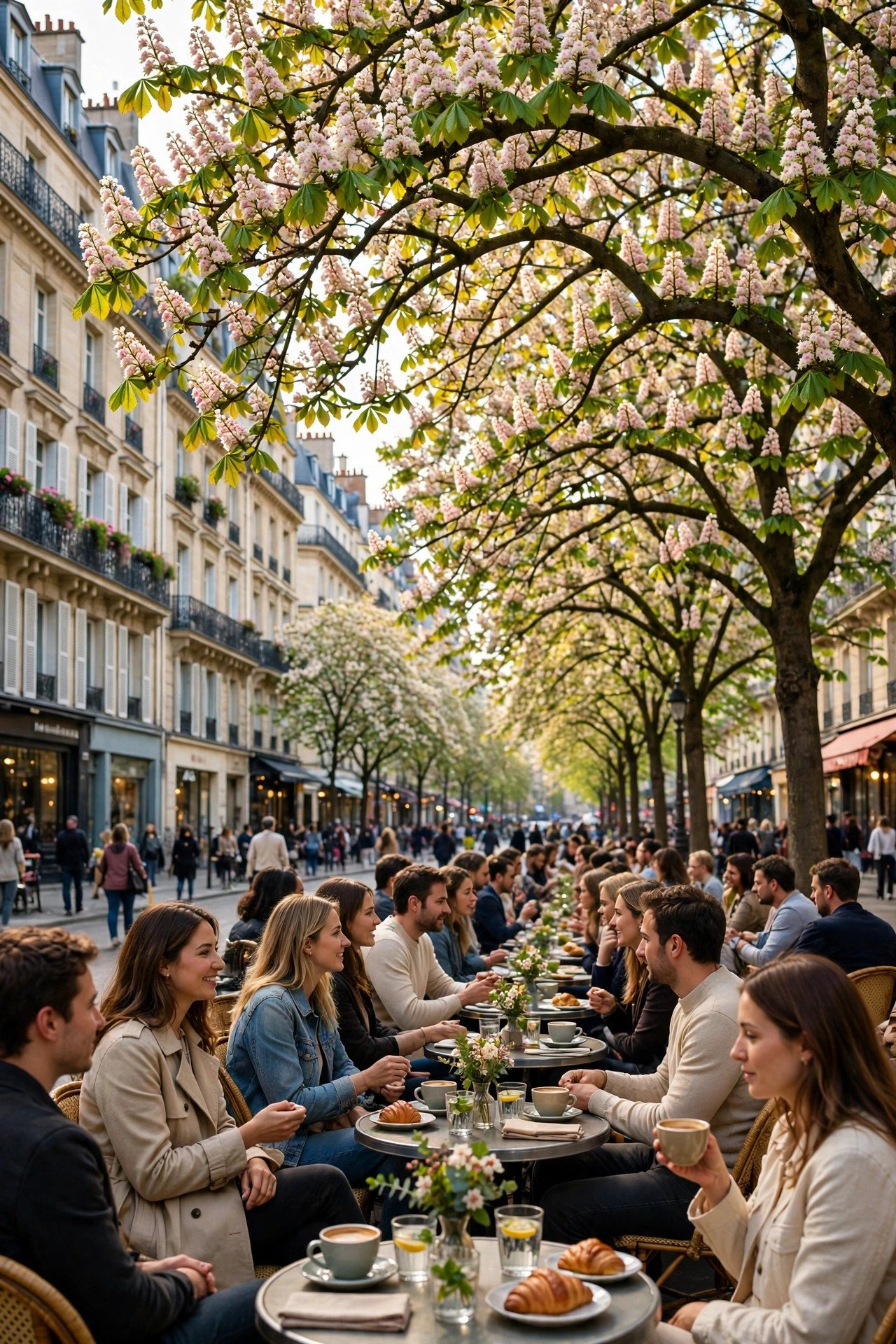 Paris in spring with chestnut trees blooming along the boulevards and café terraces full