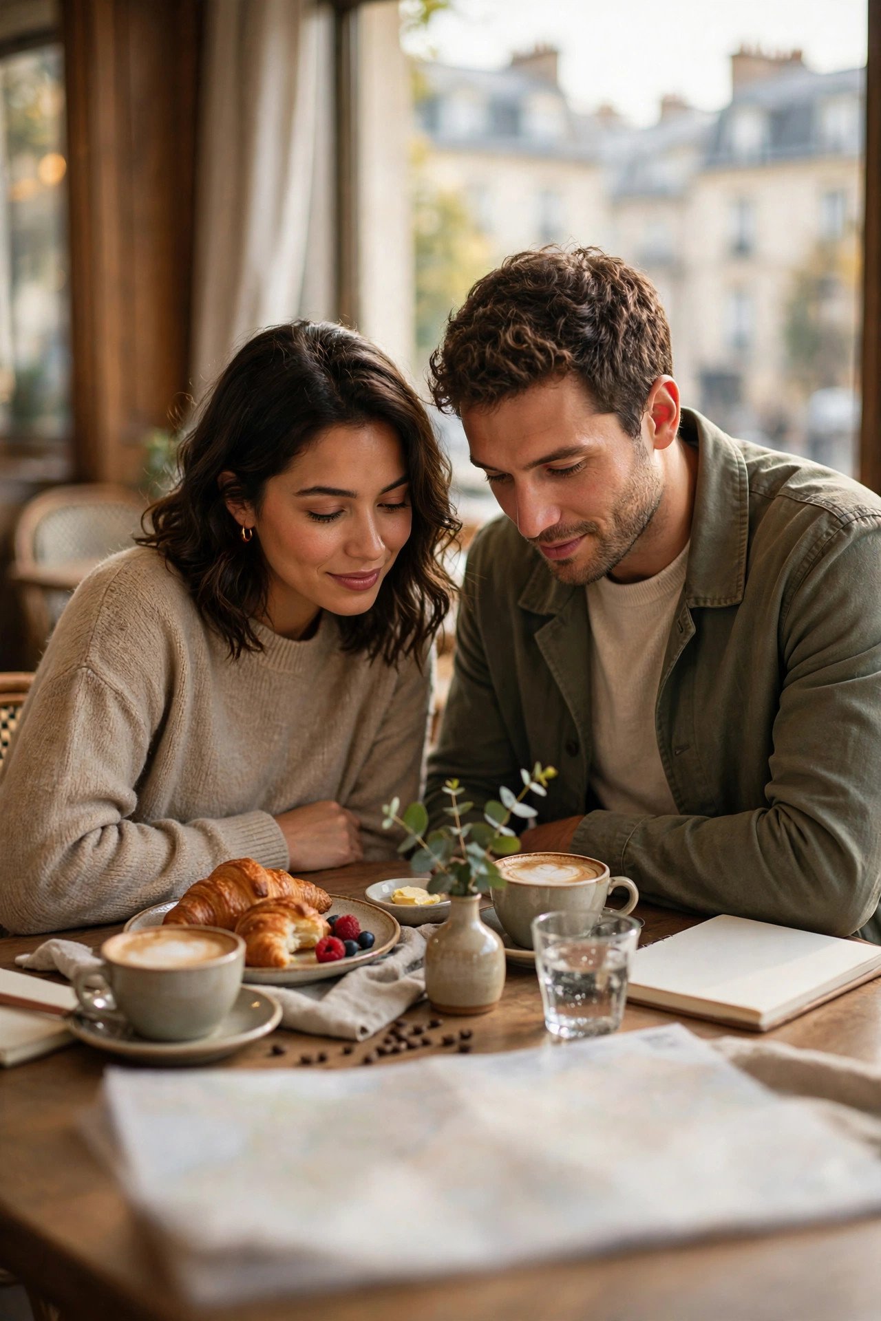 Couple with a Paris map planning their five days over breakfast croissants and coffee