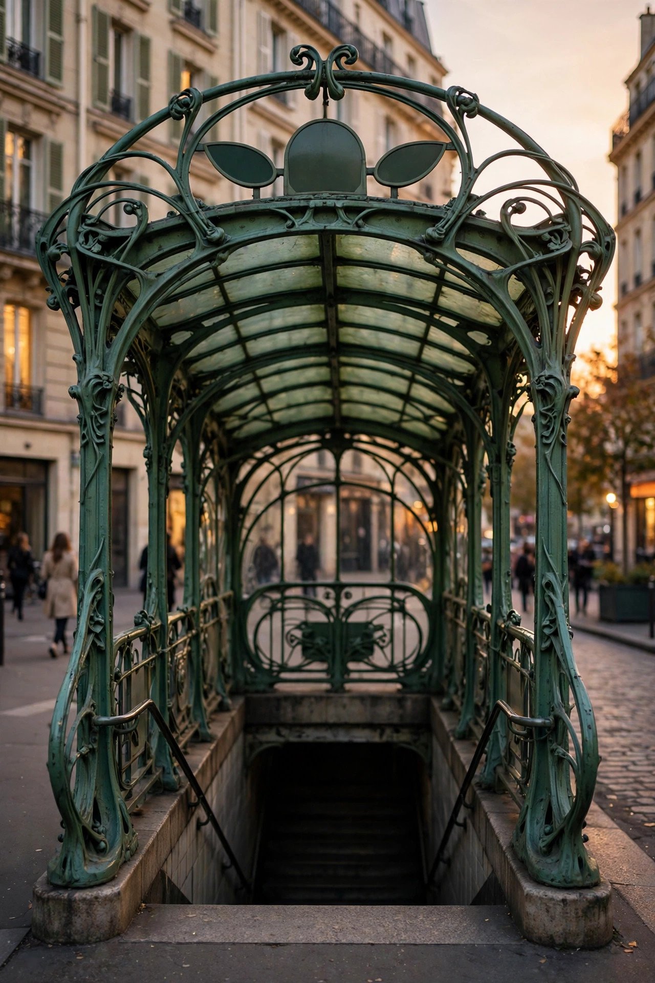 Classic Paris Metro entrance with its Art Nouveau sign in warm evening light