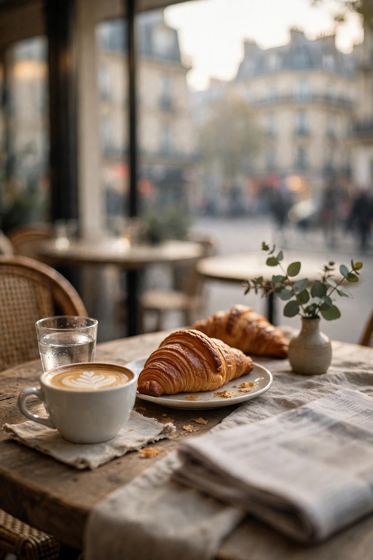 Slow morning at a Parisian café with coffee, croissants and a newspaper as the city wakes
