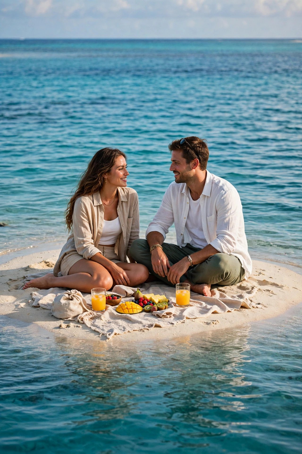 Couple picnicking alone on a tiny white sandbar surrounded by turquoise water in Fiji
