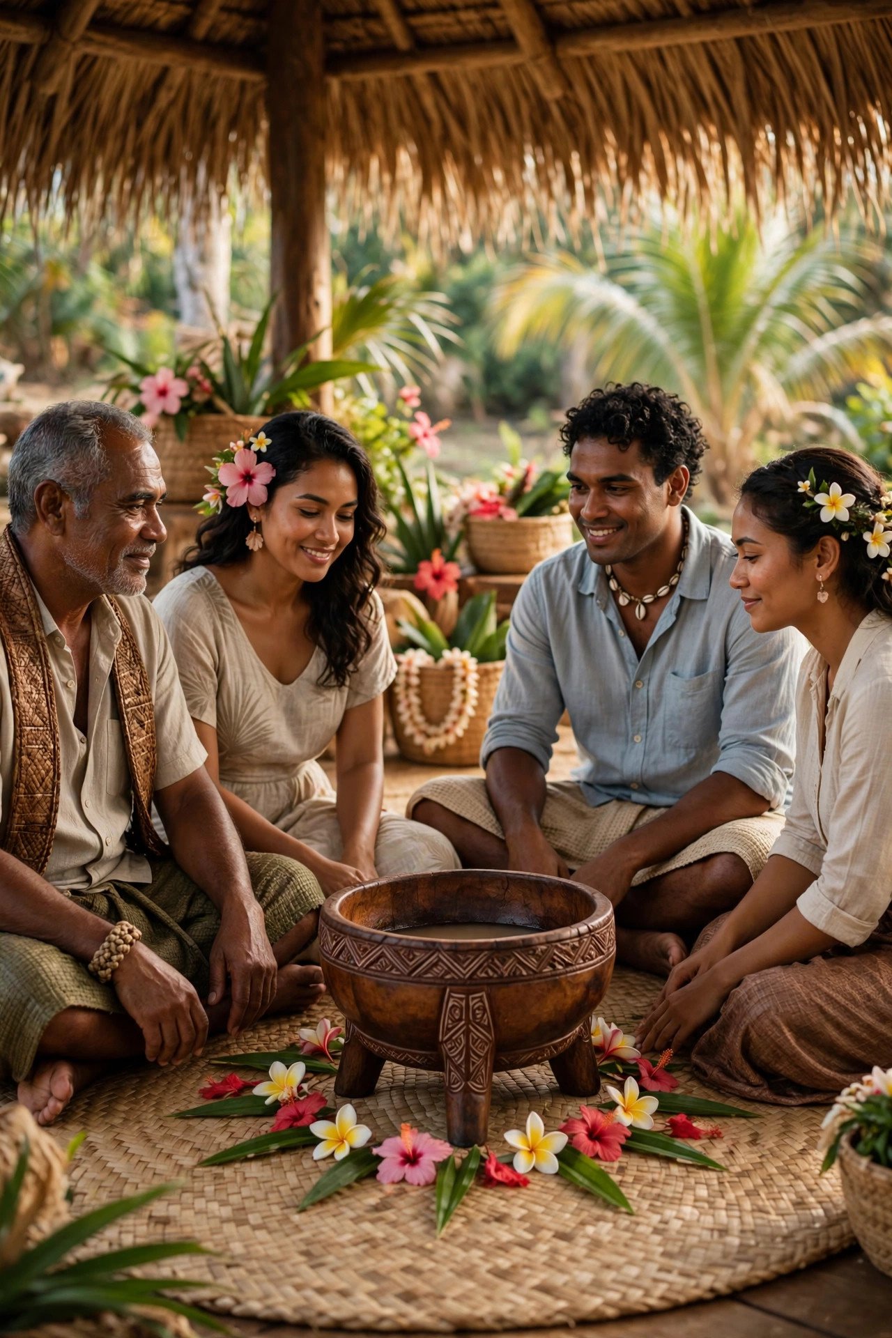 Traditional Fijian kava ceremony with a carved wooden bowl and participants seated on woven mats