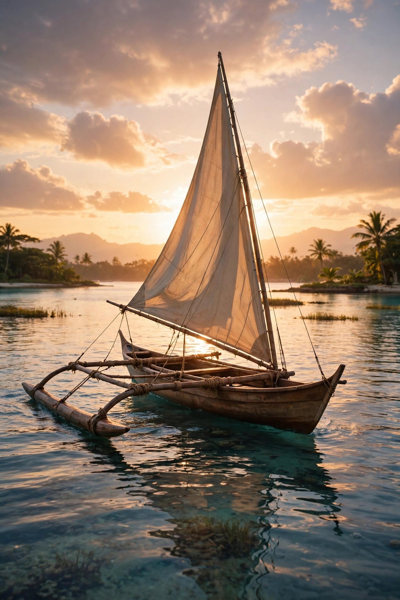 Traditional Fijian sailing vessel with a lateen sail gliding across the lagoon at sunset