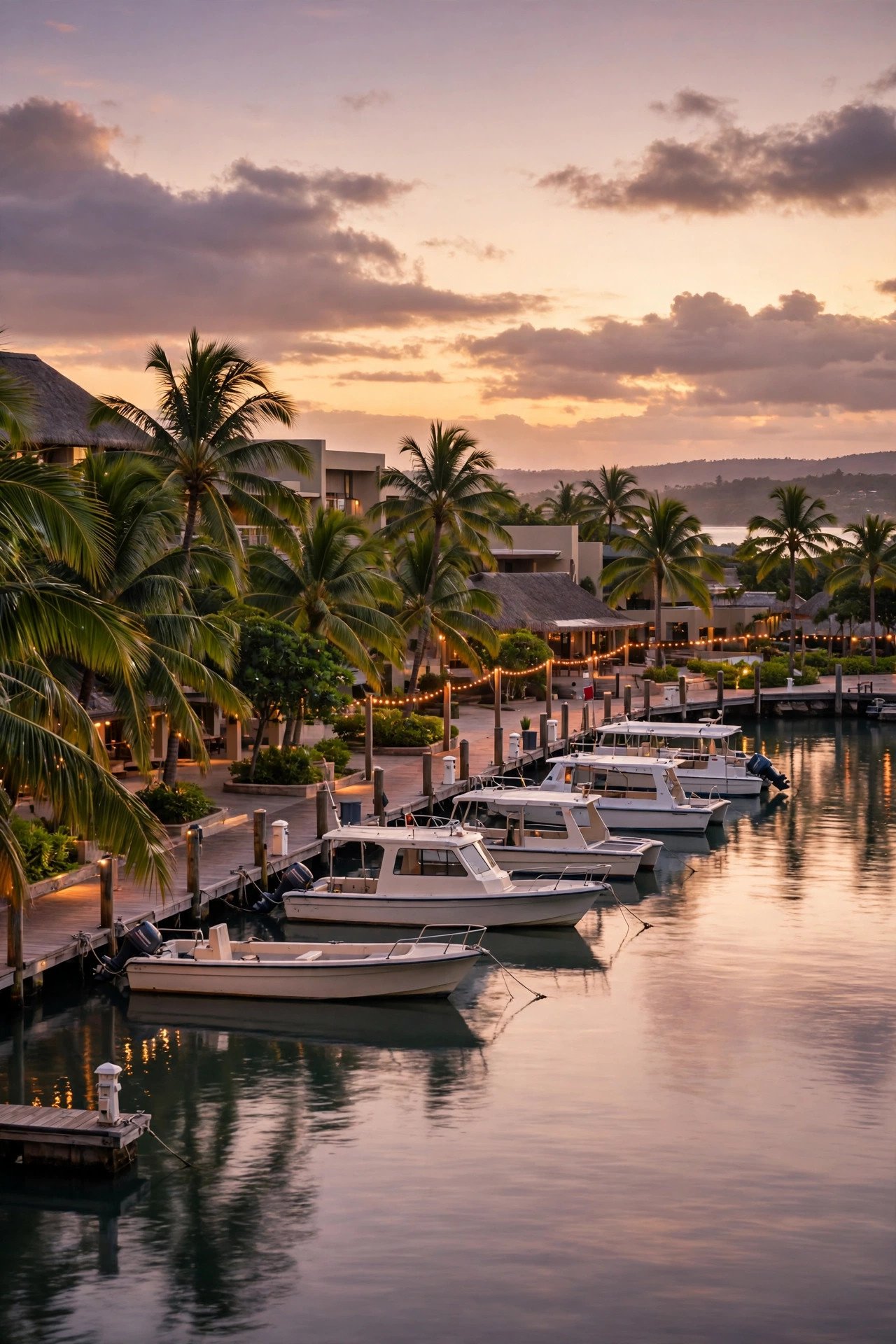 Denarau Island marina in Fiji with resort boats and palm-lined waterfront at dusk