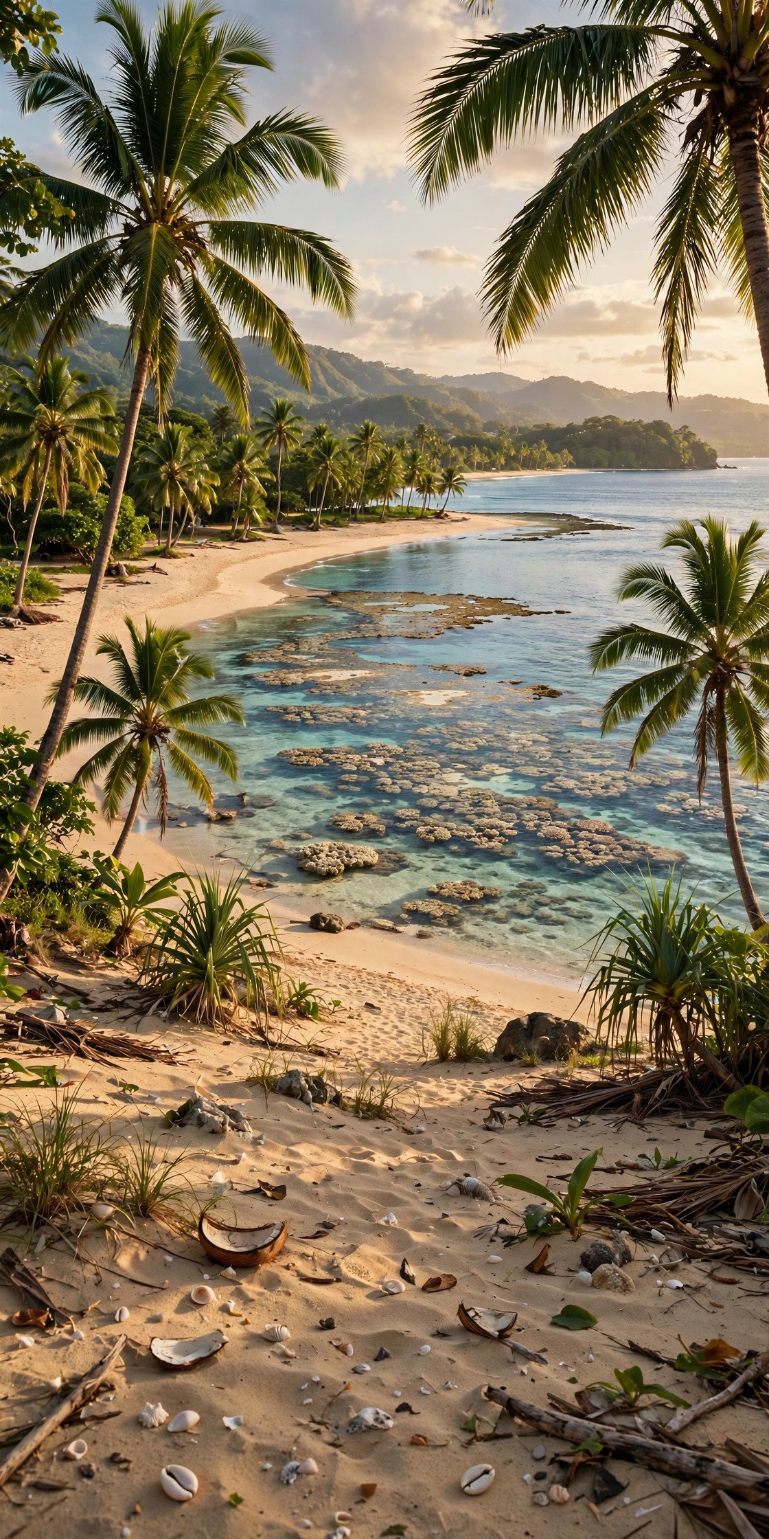 Wide beach and palm trees along Fiji's Coral Coast with the reef visible offshore