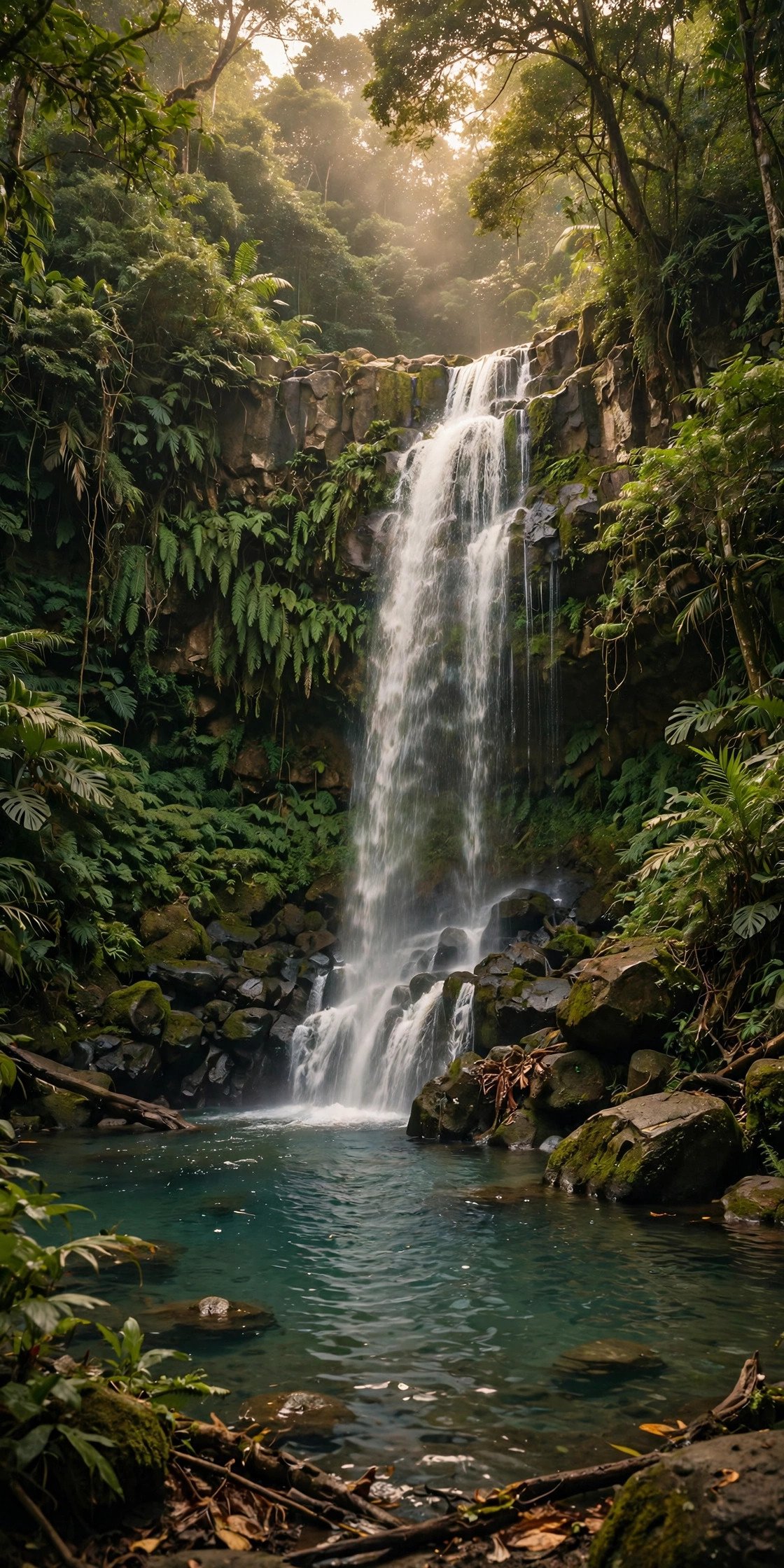 Lush waterfall in the rainforest of Taveuni, Fiji's garden island, with a natural swimming pool