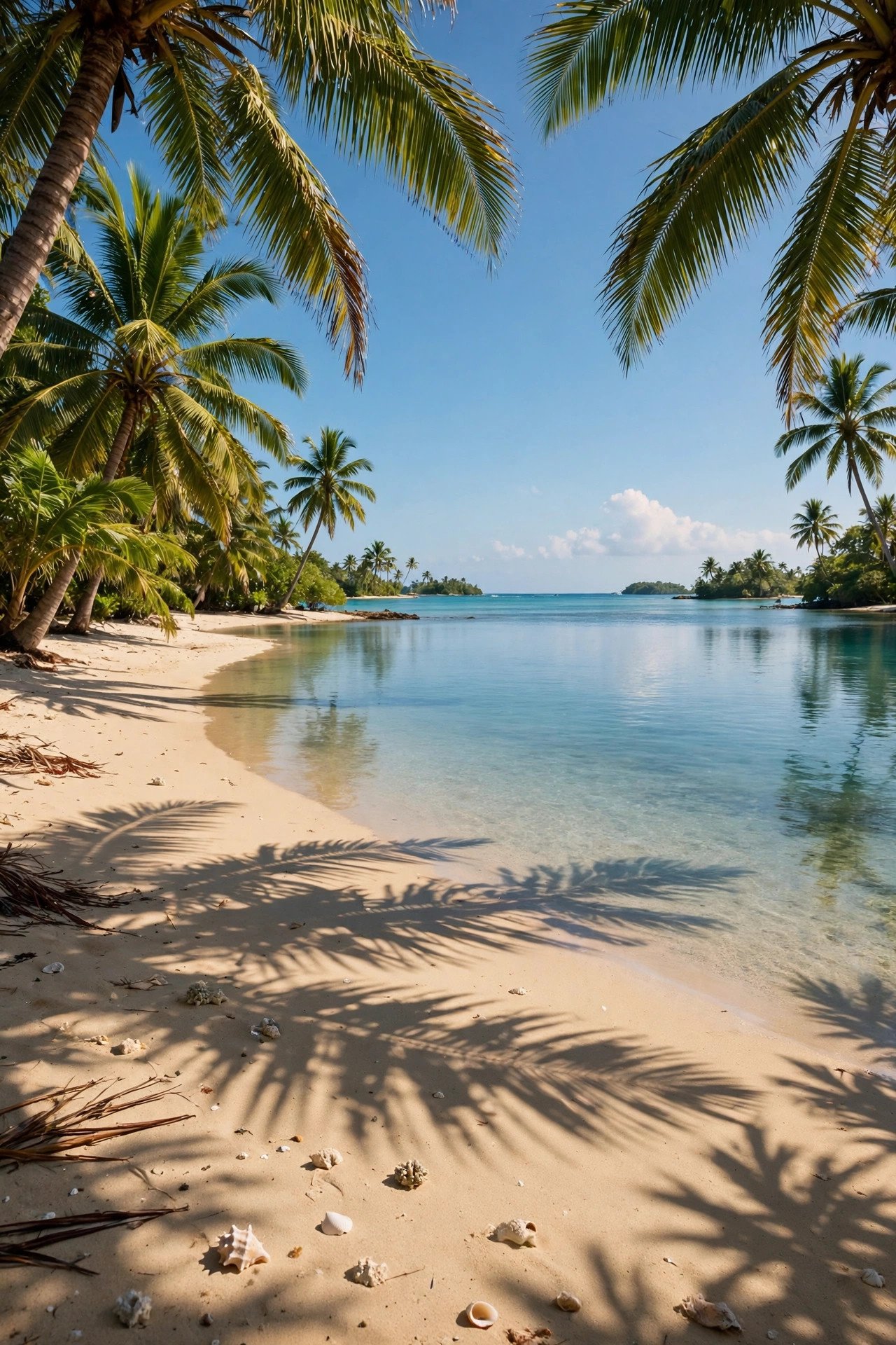Fiji beach in dry-season perfection with blue skies, calm lagoon and palm shadows on the sand