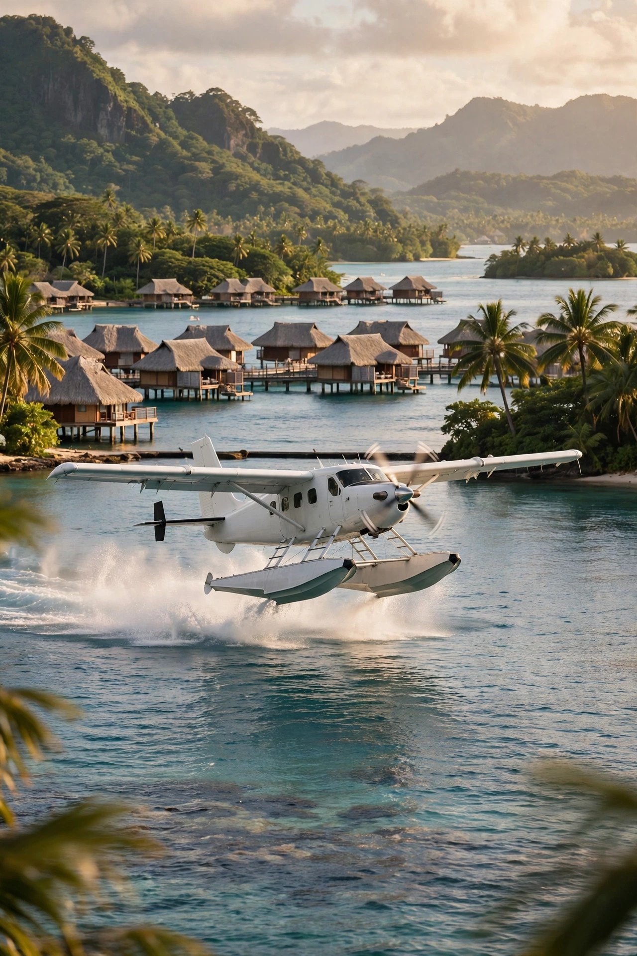 Seaplane taking off from a Fijian lagoon with island resorts in the background