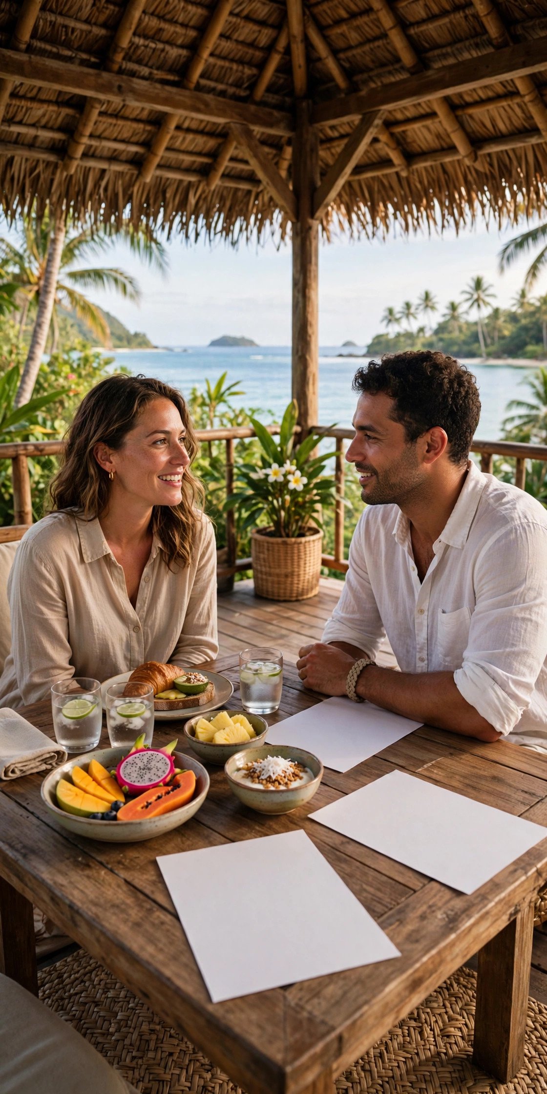 Couple enjoying breakfast on their bure deck in Fiji while discussing the day's plans