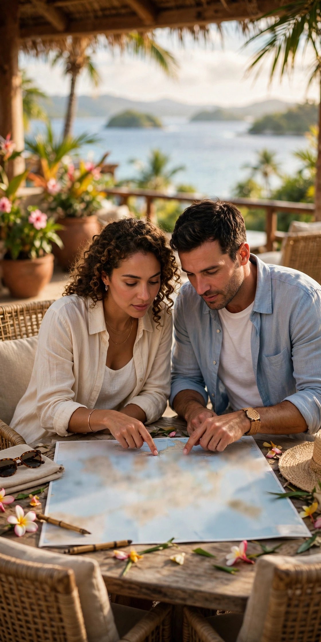 Couple plotting their Fiji route — Denarau, Mamanucas, Yasawas — on a resort map