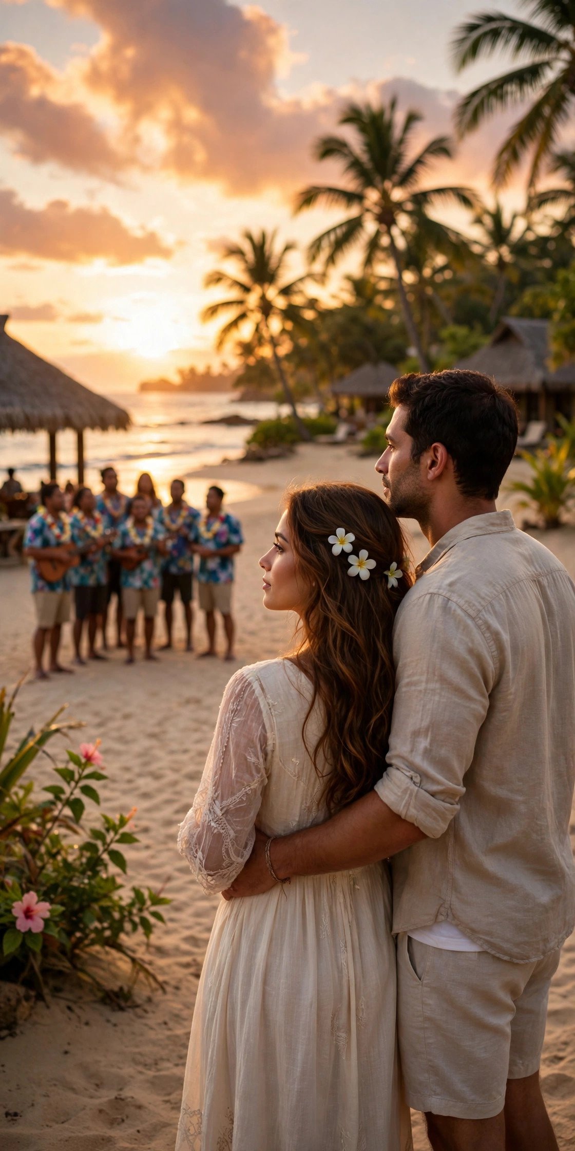 Couple watching their final Fiji sunset from the beach as resort staff sing a farewell song
