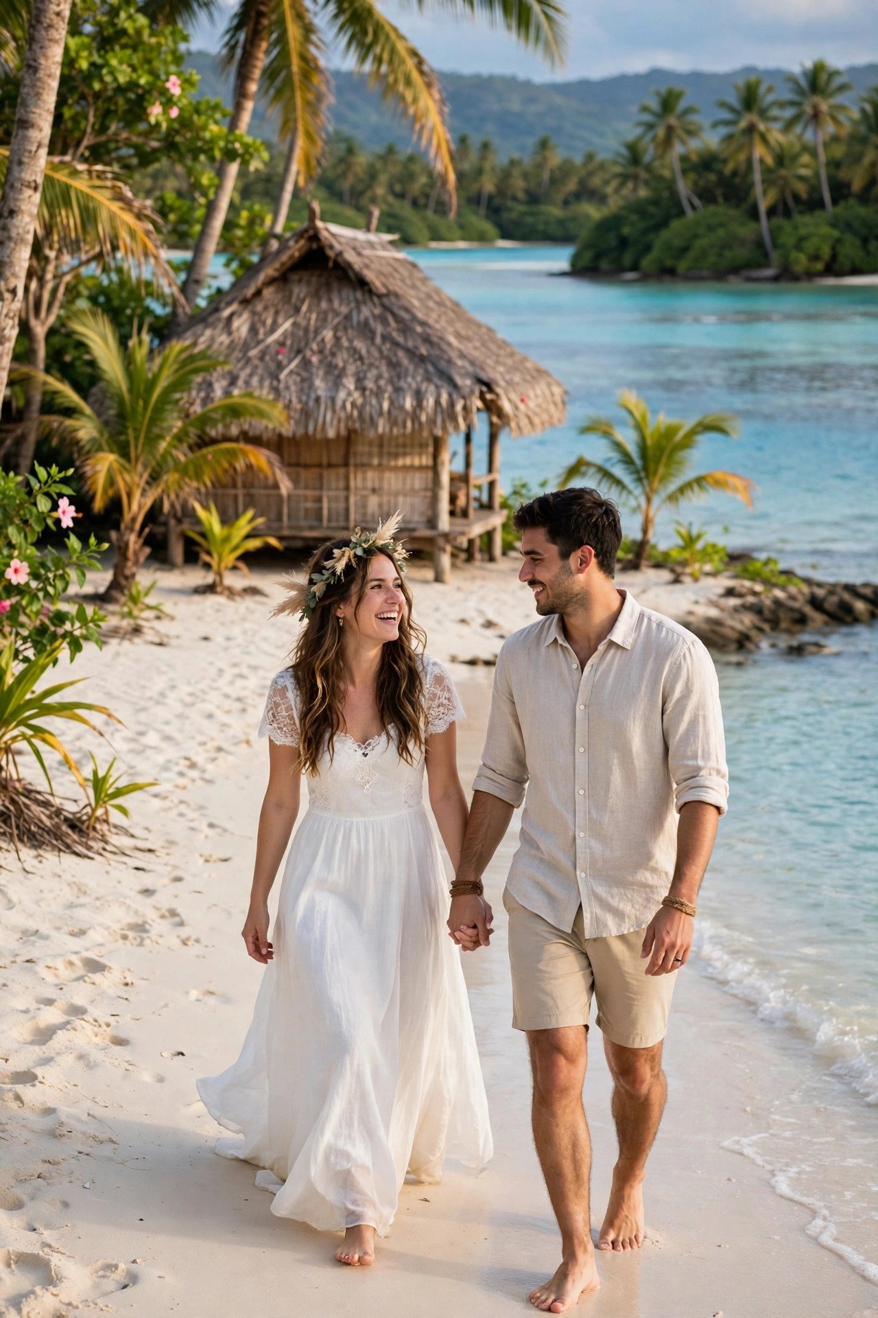 Newlywed couple walking a white-sand beach in Fiji with a thatched bure and turquoise lagoon behind them