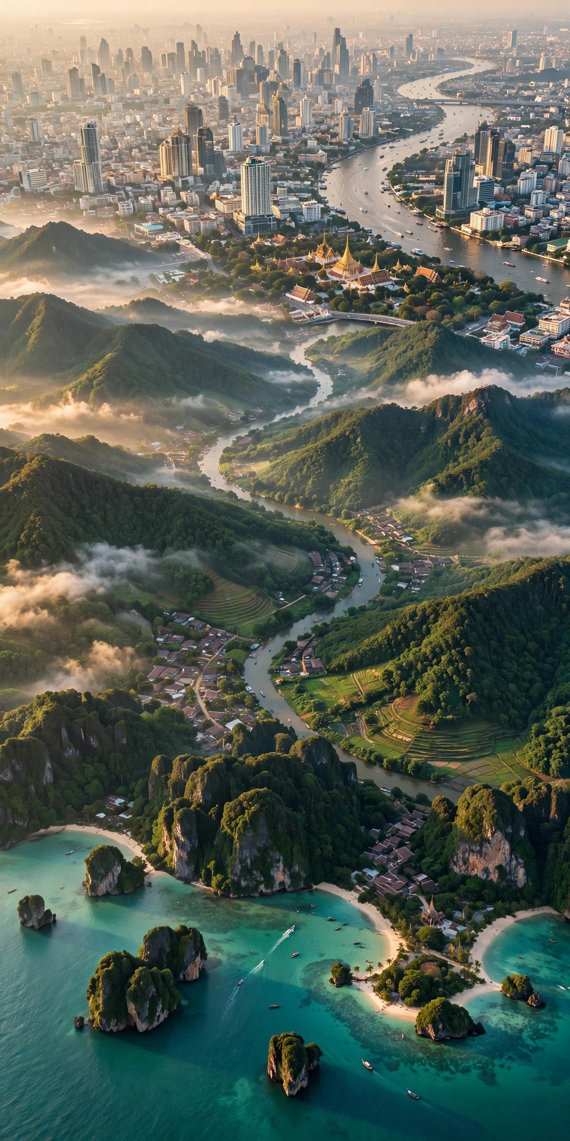 Map-like aerial view of Thailand showing Bangkok's city lights, northern mountains and southern island seas