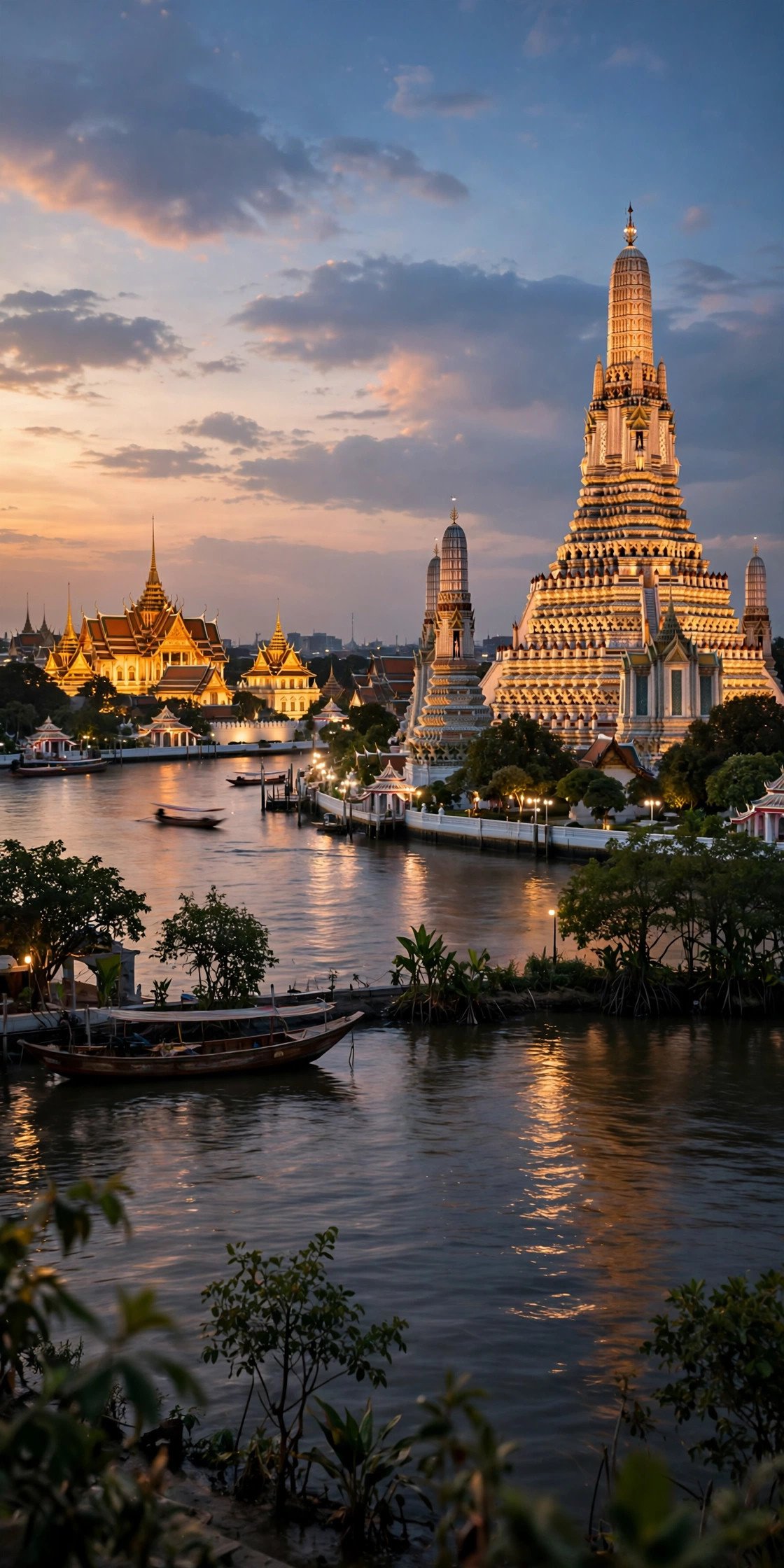 Grand Palace and Wat Arun temple glittering along the Chao Phraya river in Bangkok at dusk