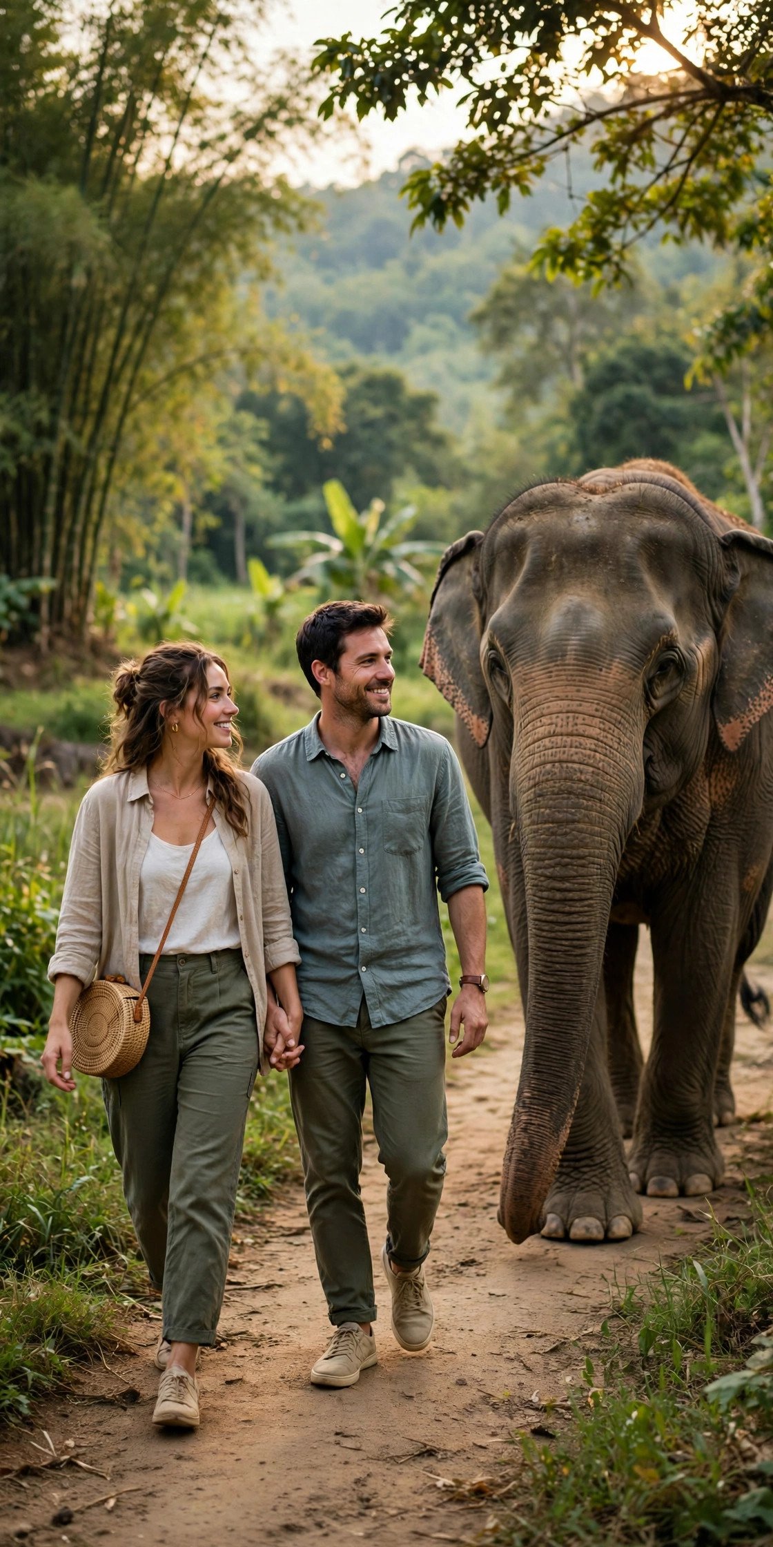 Couple walking beside a rescued elephant at an ethical sanctuary in the Chiang Mai countryside