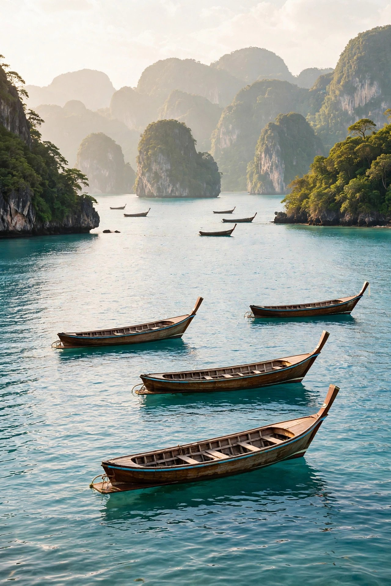 Longtail boats on a turquoise bay at Phuket with limestone islands in the distance
