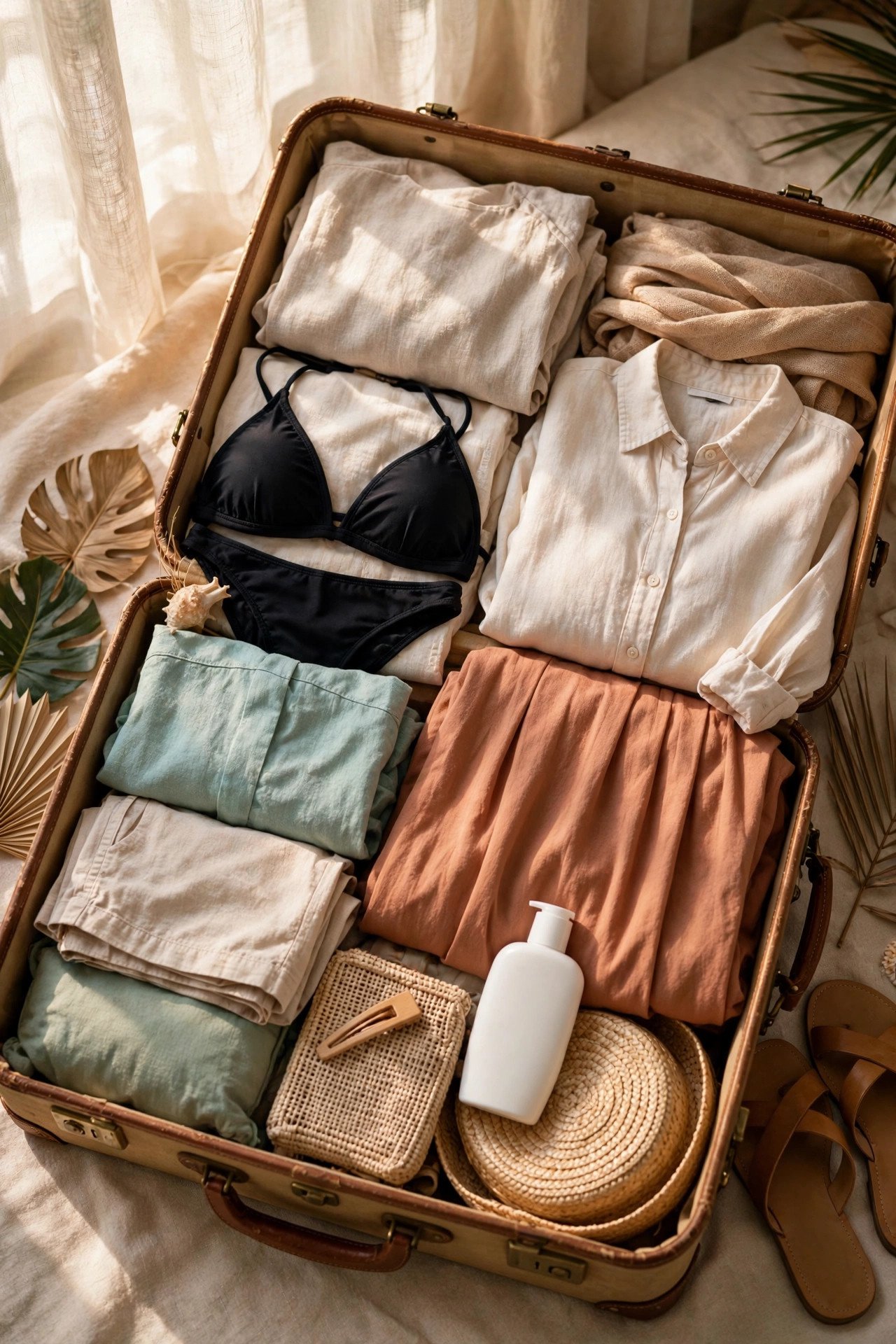 Suitcase with light tropical clothes, swimwear, a temple-appropriate outfit and reef-safe sunscreen for Thailand