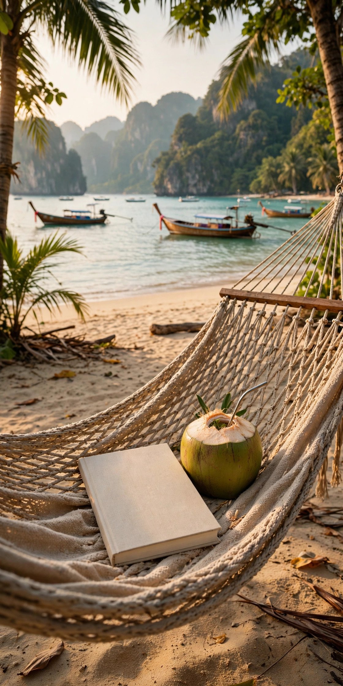 Perfect slow day on a Thai beach — hammock, fresh coconut, a book and longtail boats in the distance