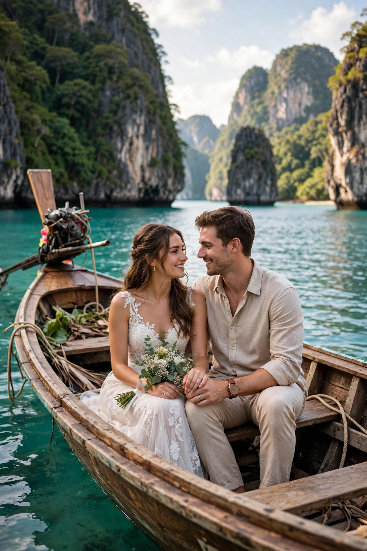 Newlywed couple in a longtail boat among the limestone islands of Krabi, Thailand, with turquoise water