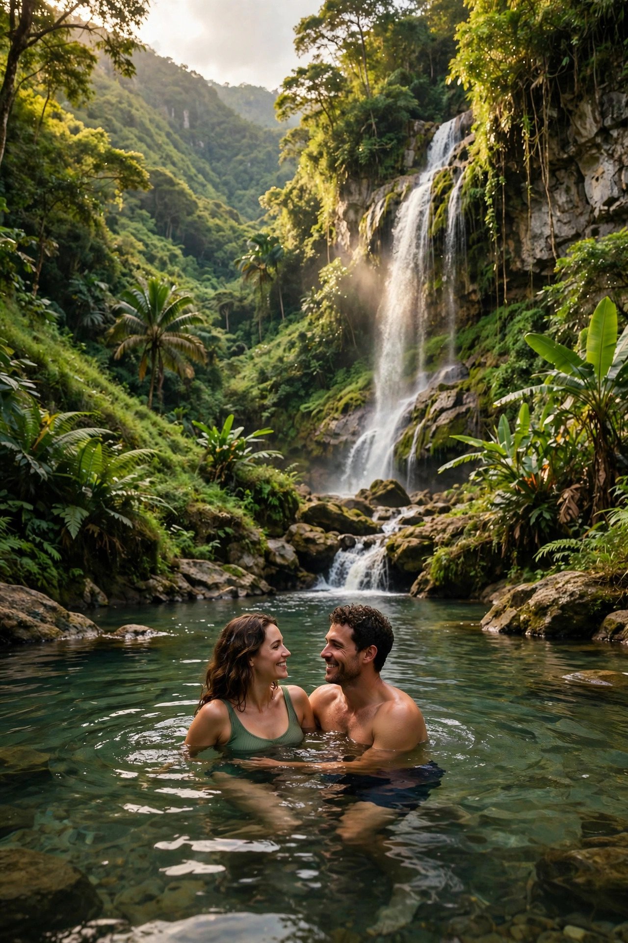 Waterfall and lush green river valley in Jamaica with a couple swimming in a natural pool
