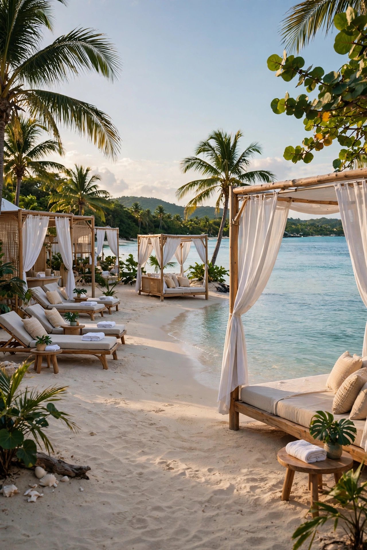 Platinum west coast beach in Barbados with calm turquoise water and elegant beach clubs