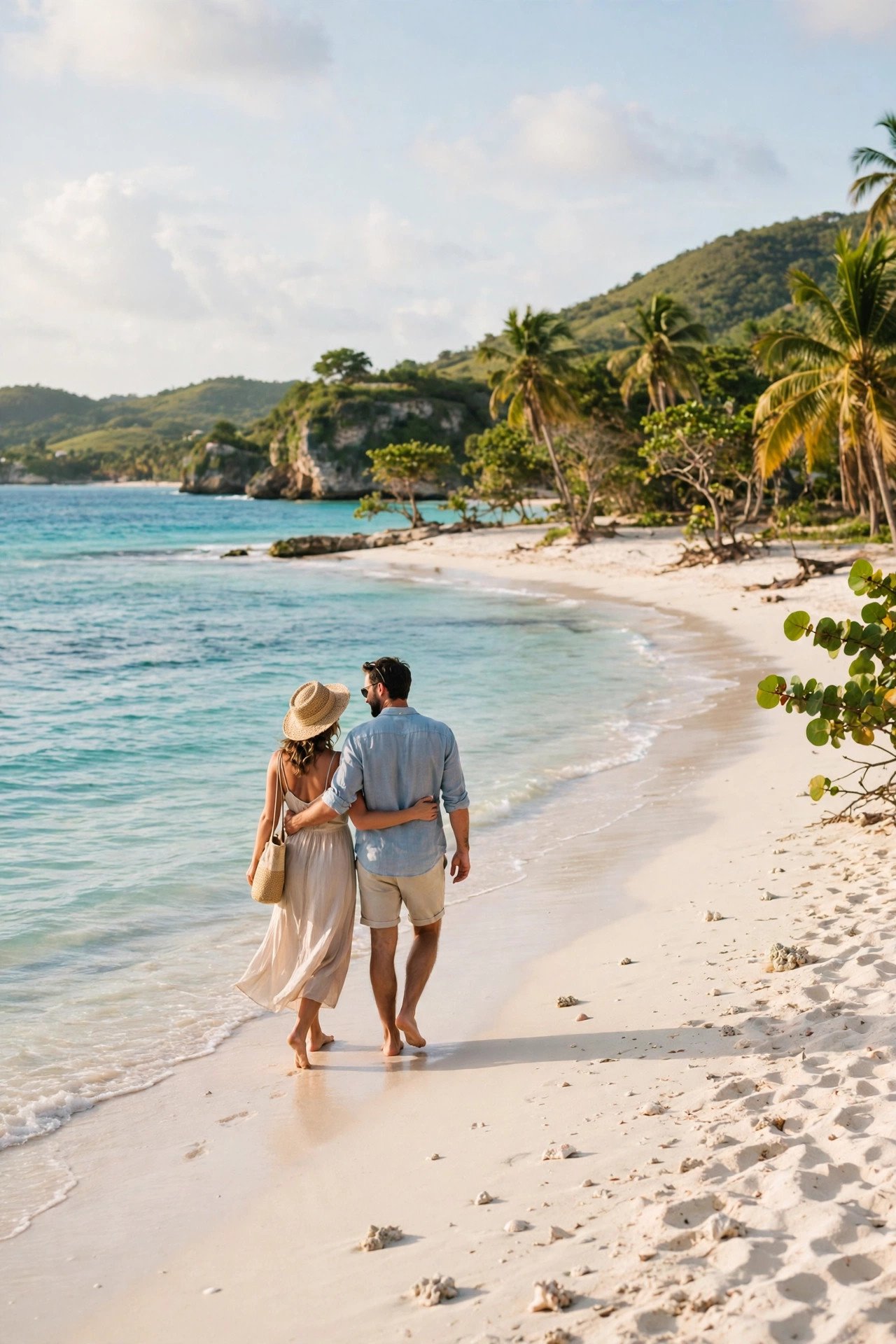 One of Antigua's white-sand beaches with clear turquoise water and a couple walking the shore