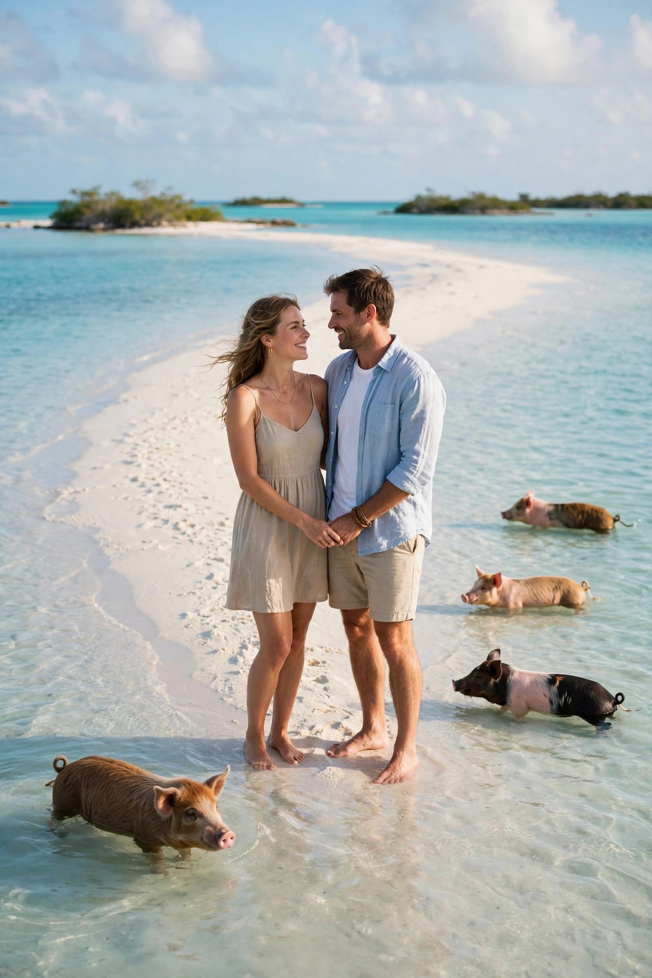 Couple standing on a white sandbar surrounded by shallow turquoise water in the Exumas, Bahamas