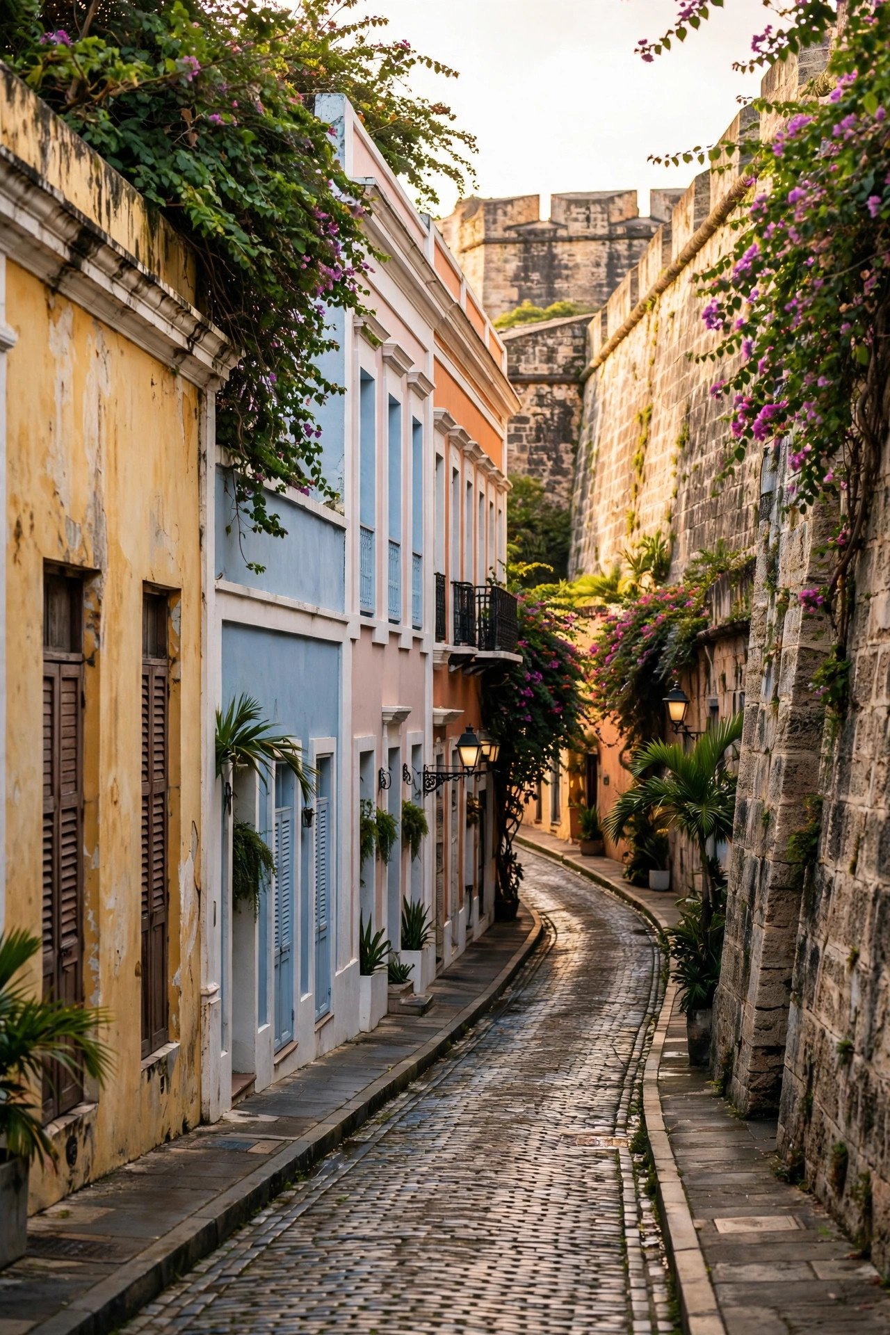 Colonial streets of Old San Juan in Puerto Rico with colourful buildings and fortress walls