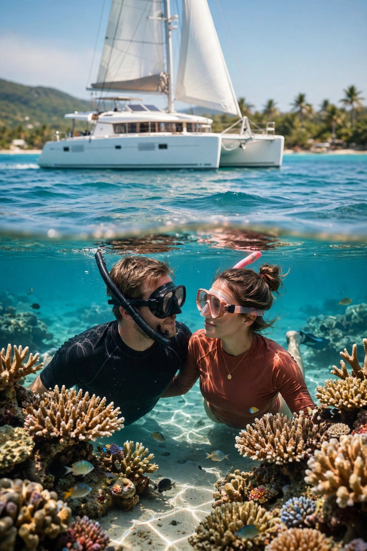 Catamaran sailing across turquoise Caribbean water with a couple snorkeling near a reef