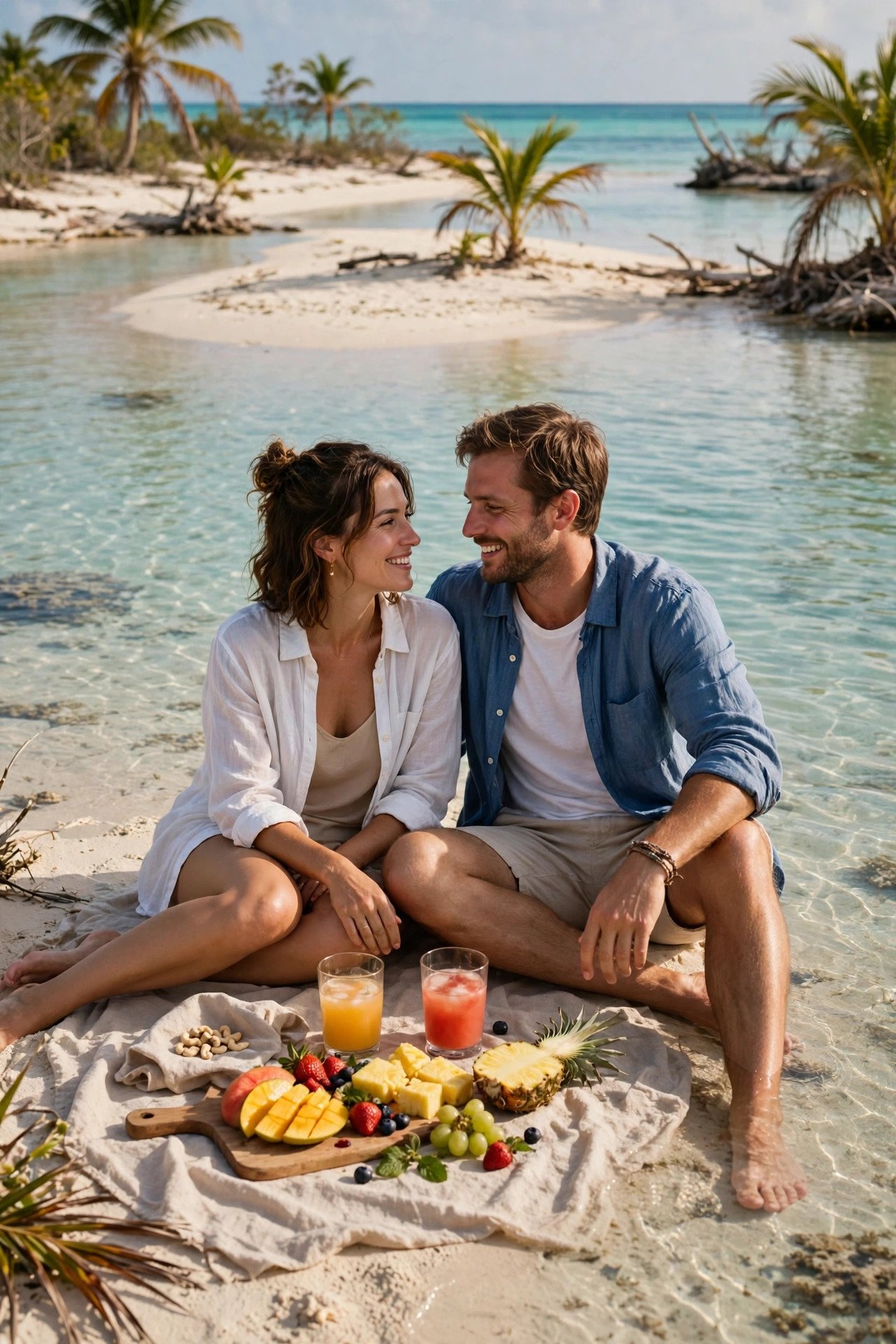 Couple alone on a deserted Caribbean cay with a picnic and crystal-clear shallow water