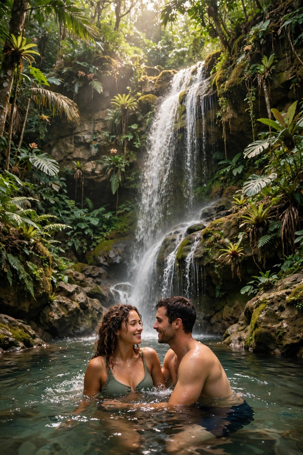 Couple swimming beneath a rainforest waterfall on a Caribbean island