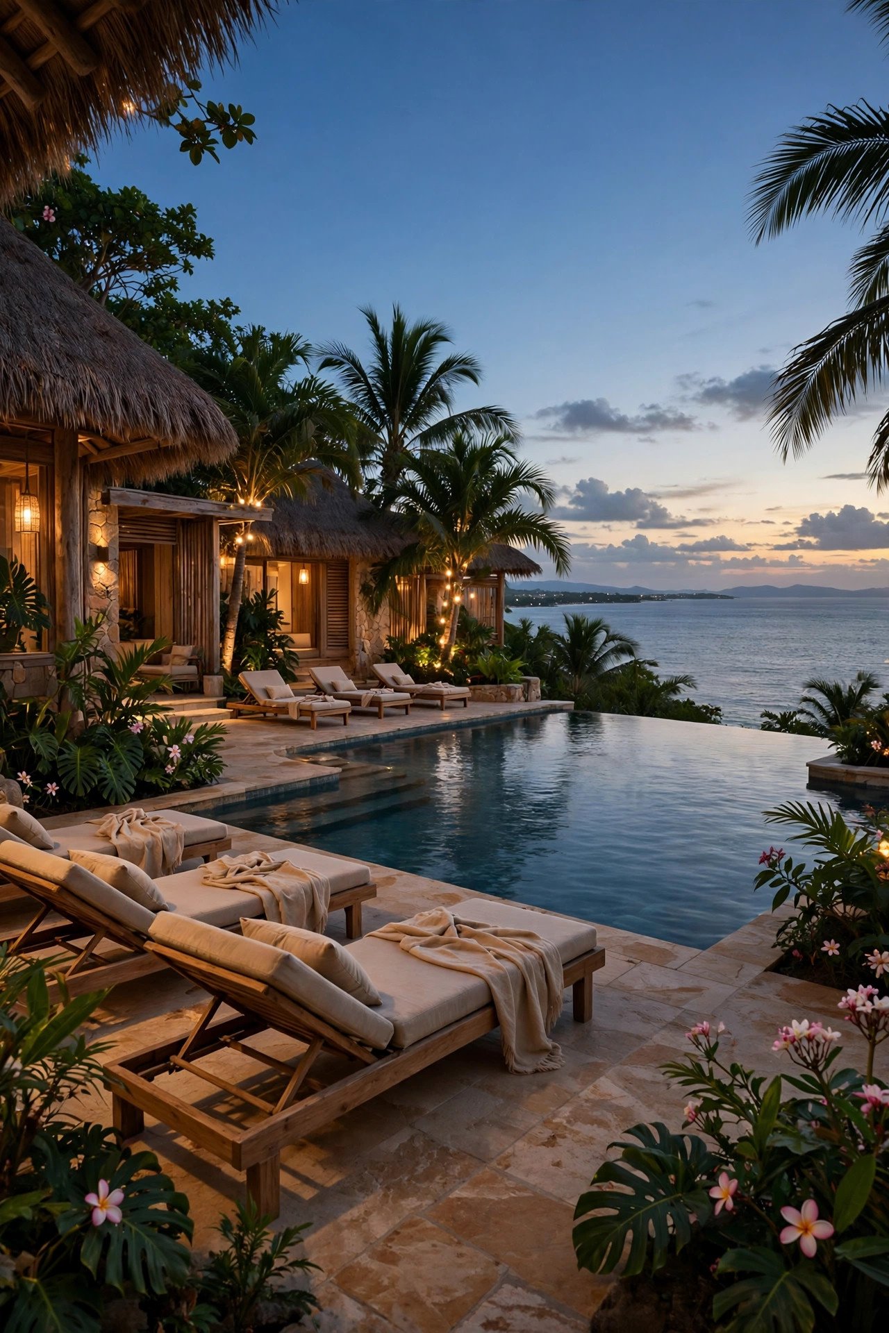 Boutique Caribbean resort with an infinity pool overlooking the sea at dusk