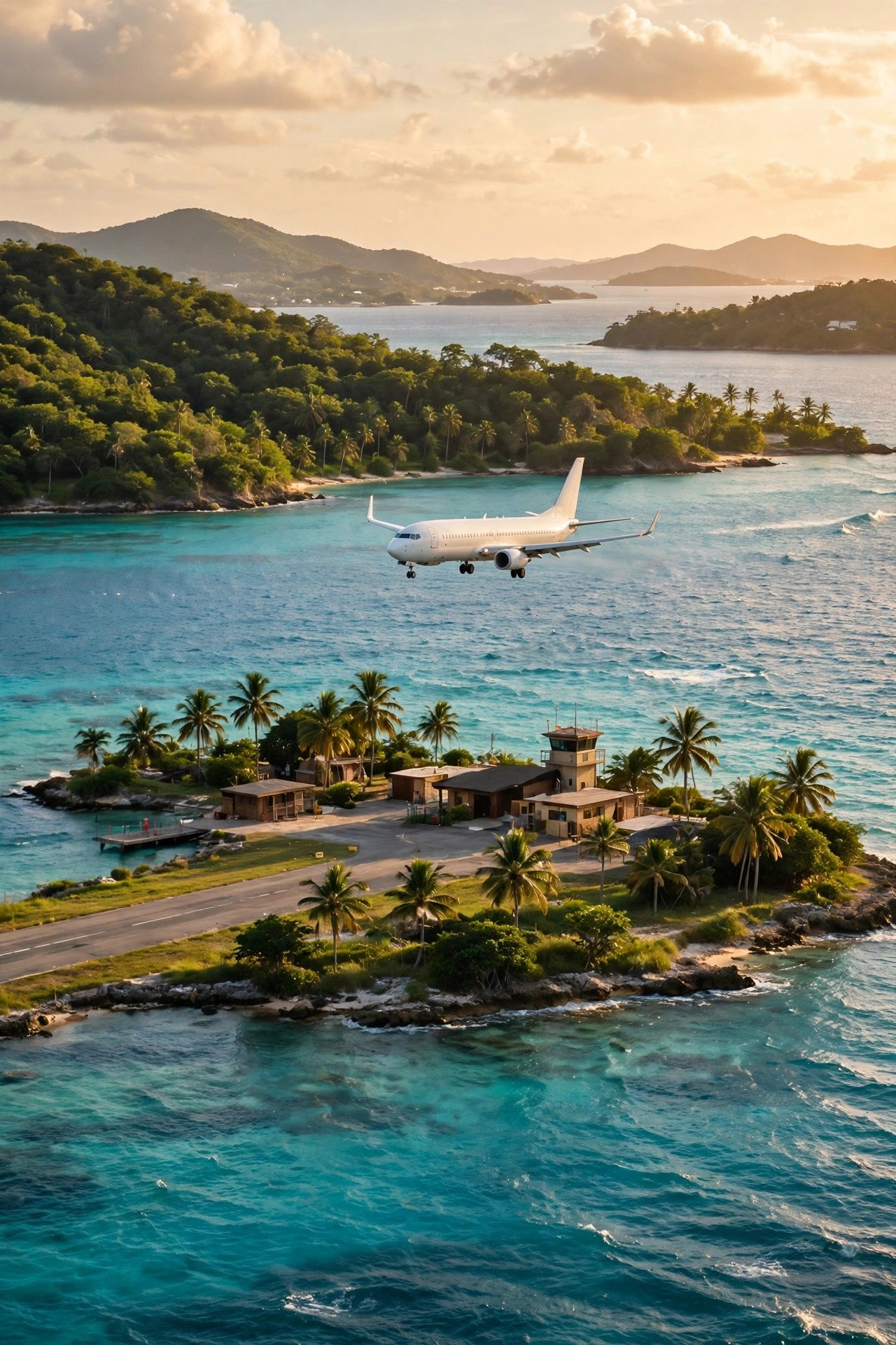 Small island airport in the Caribbean with a plane landing over turquoise water