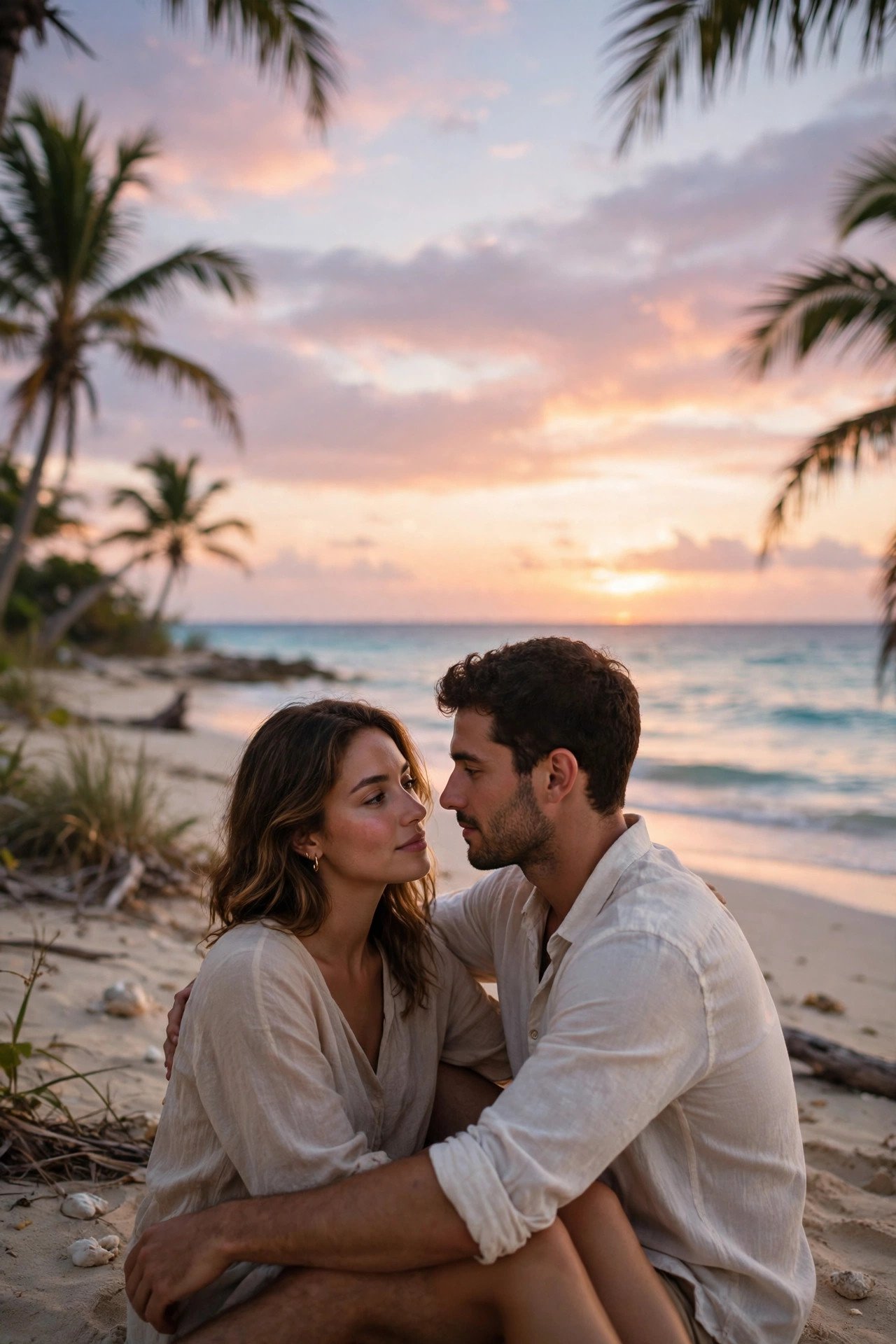 Couple sharing a quiet moment on a Caribbean beach at sunset with the sky in pastel colours