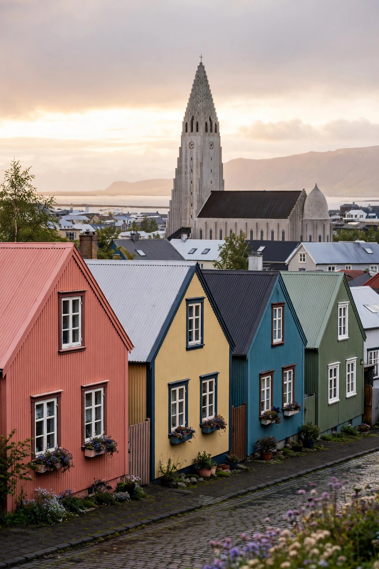 Colourful corrugated-iron houses and the Hallgrimskirkja church in Reykjavik, Iceland