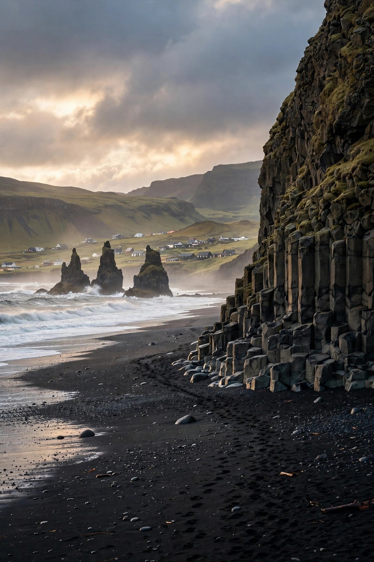 Black sand, basalt columns and sea stacks at Reynisfara beach near Vik in Iceland under moody skies