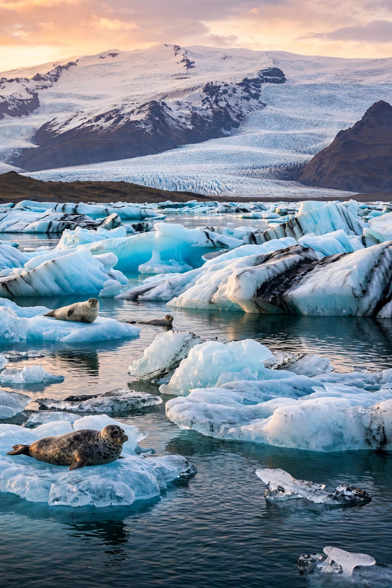 Icebergs floating in Jokulsarlon glacier lagoon with seals and Breidamerkurjokull glacier behind