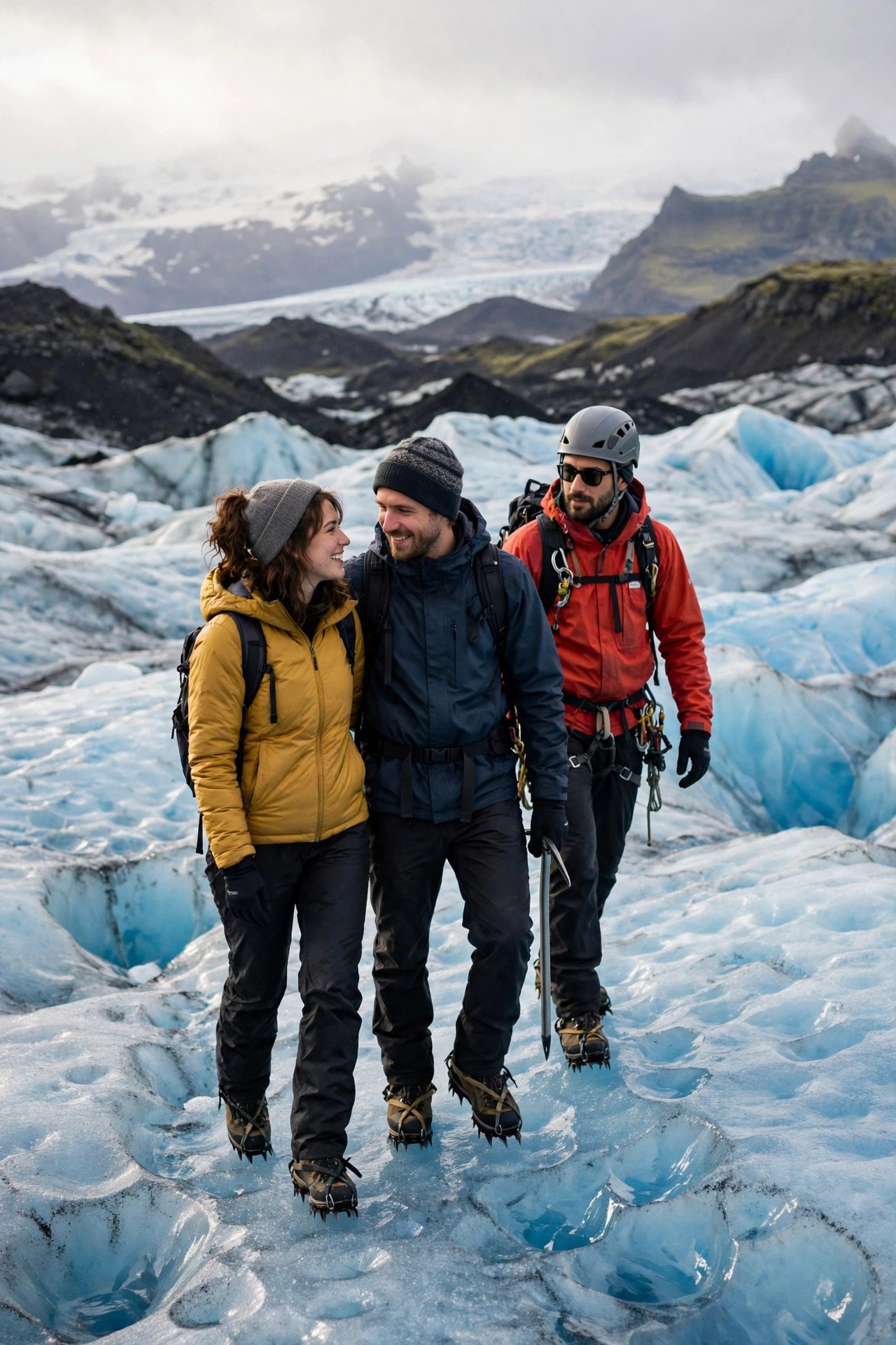 Couple in crampons hiking across the blue ice of Solheimajokull glacier with a guide in Iceland